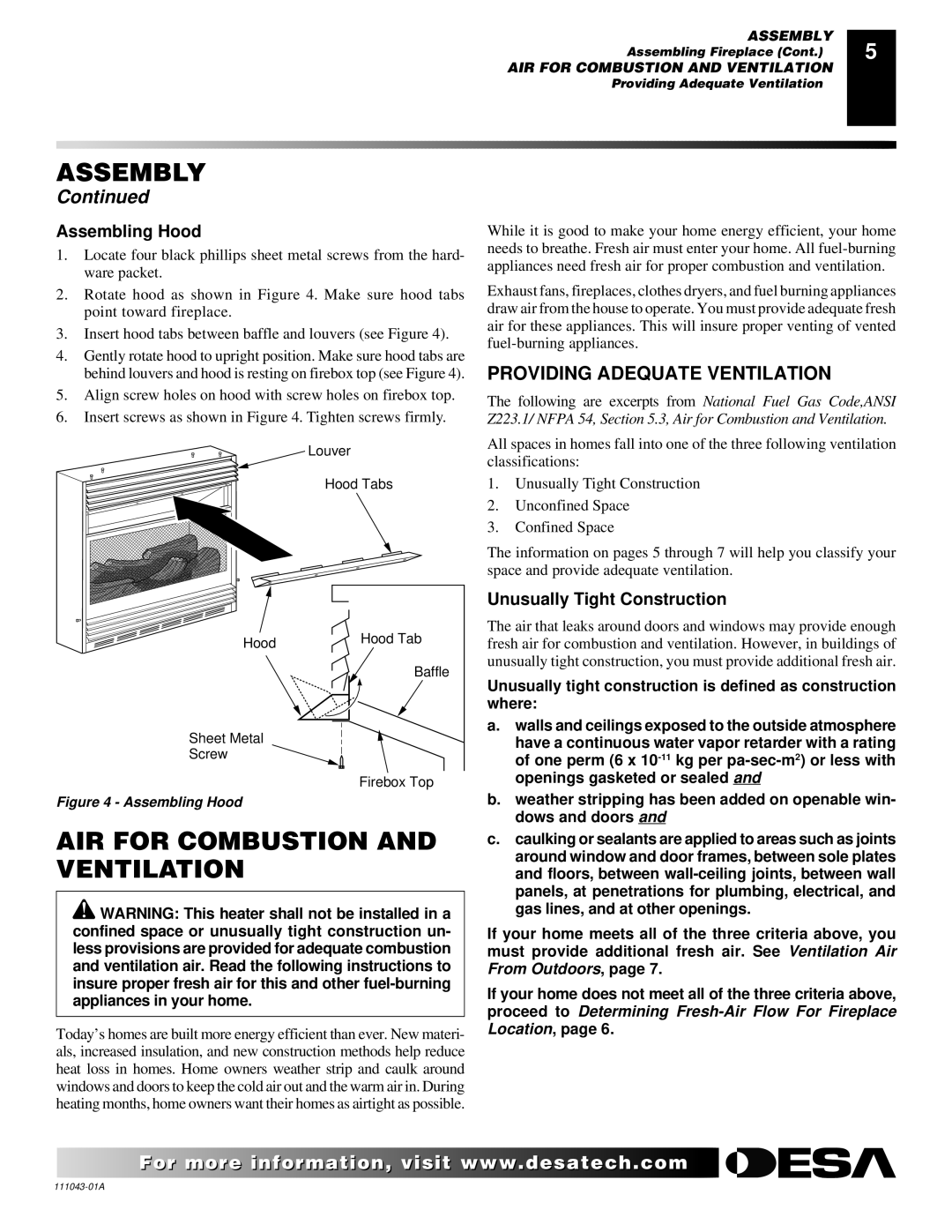 Vanguard Heating WMH26TNB AIR for Combustion and Ventilation, Providing Adequate Ventilation, Assembling Hood 