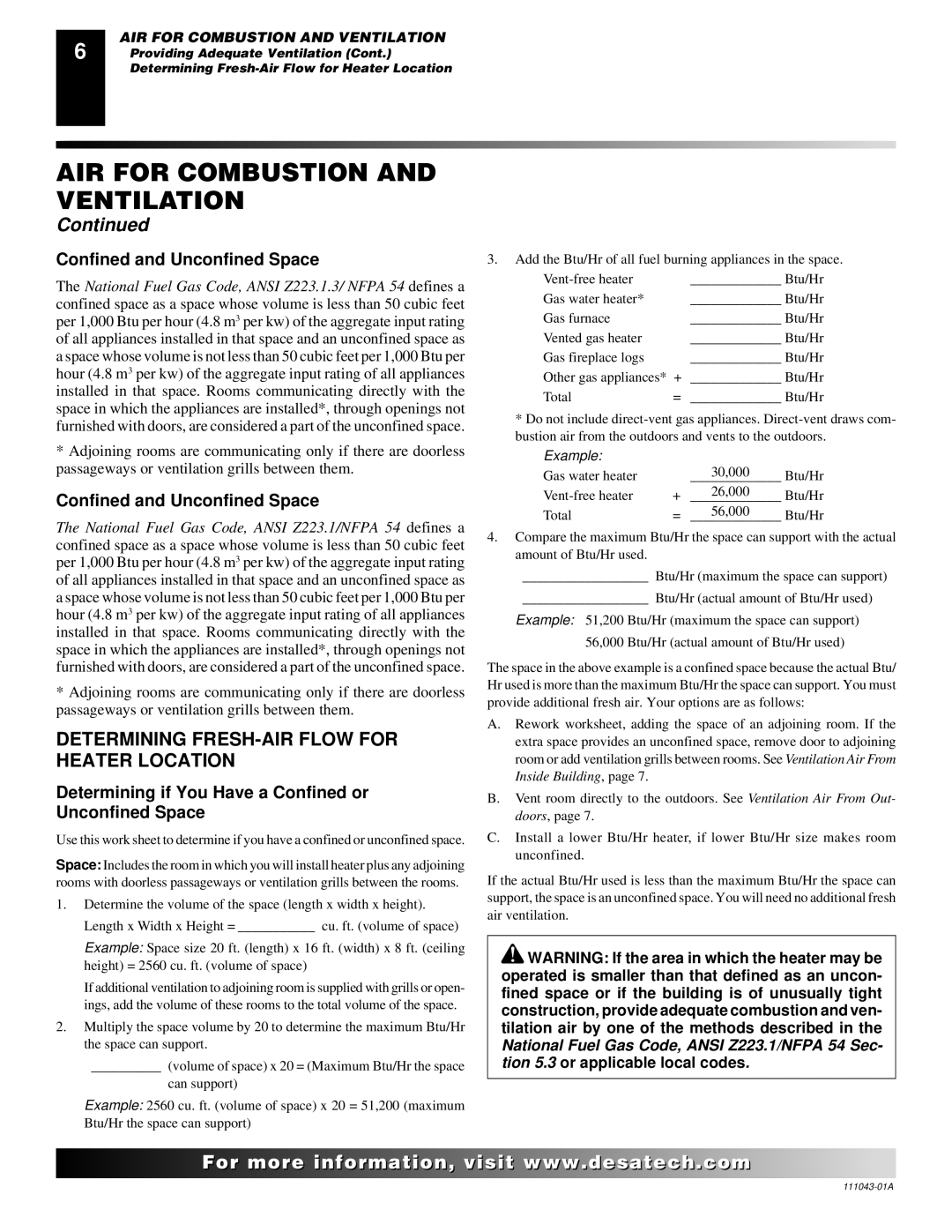 Vanguard Heating WMH26TNB installation manual Determining FRESH-AIR Flow for Heater Location, Confined and Unconfined Space 