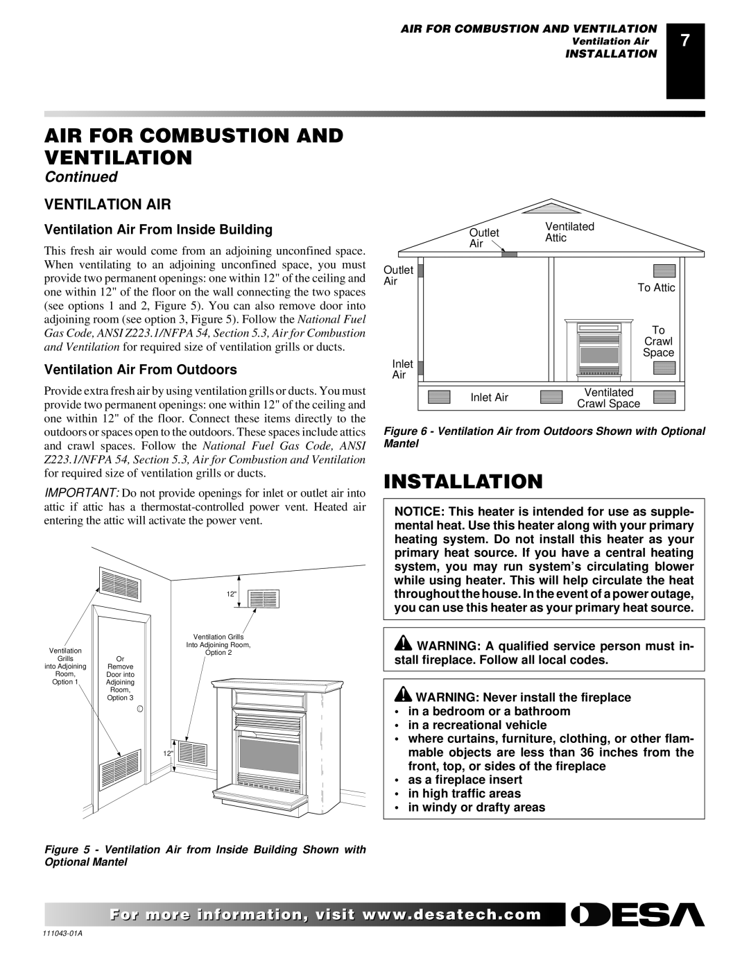 Vanguard Heating WMH26TNB installation manual Installation, Ventilation AIR, Ventilation Air From Inside Building 