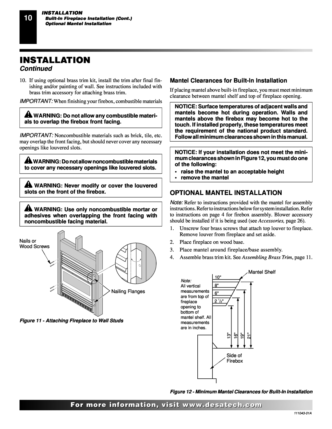 Vanguard Heating WMH26TNB Continued, Optional Mantel Installation, Mantel Clearances for Built-InInstallation 