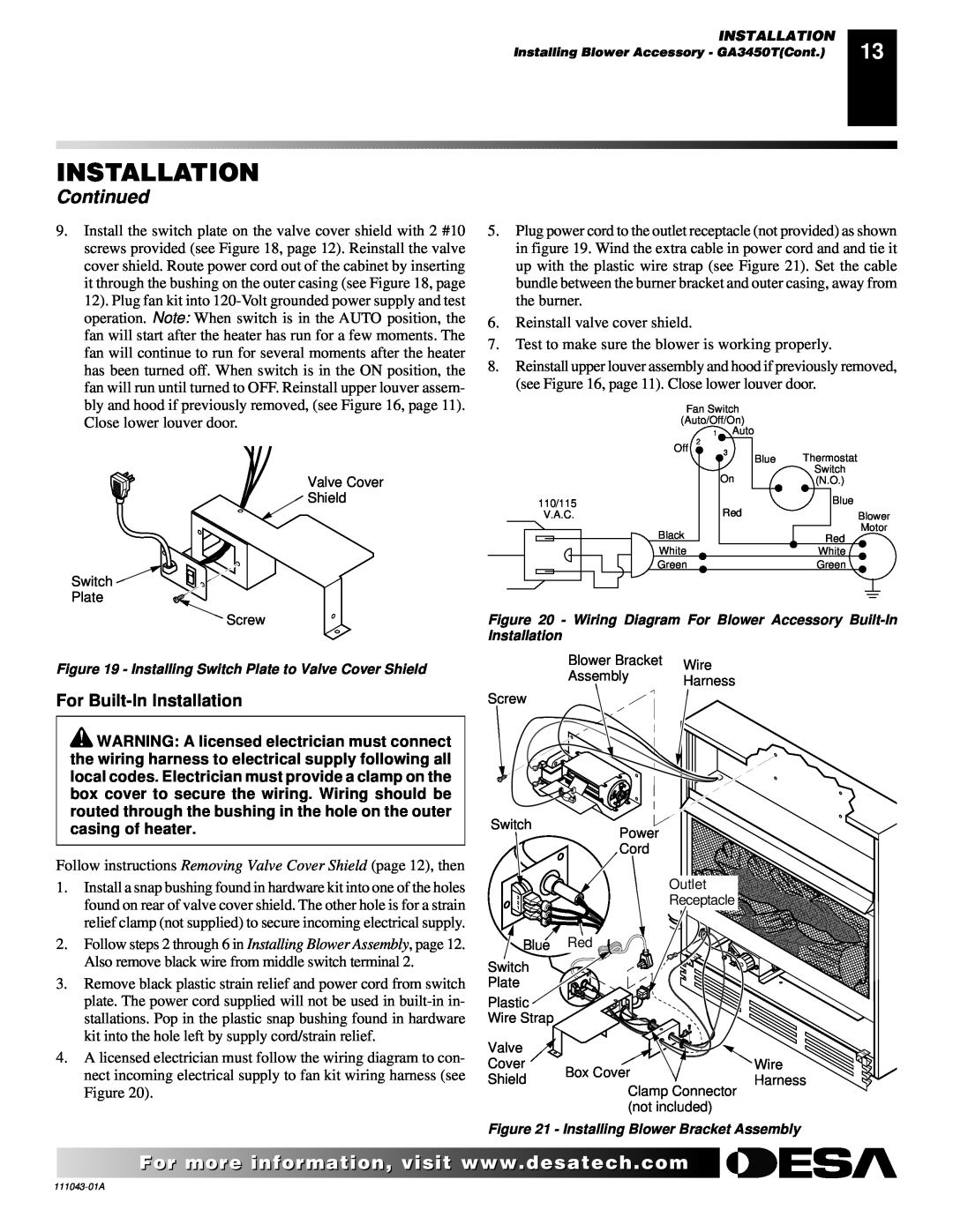 Vanguard Heating WMH26TNB installation manual Continued, For Built-InInstallation 