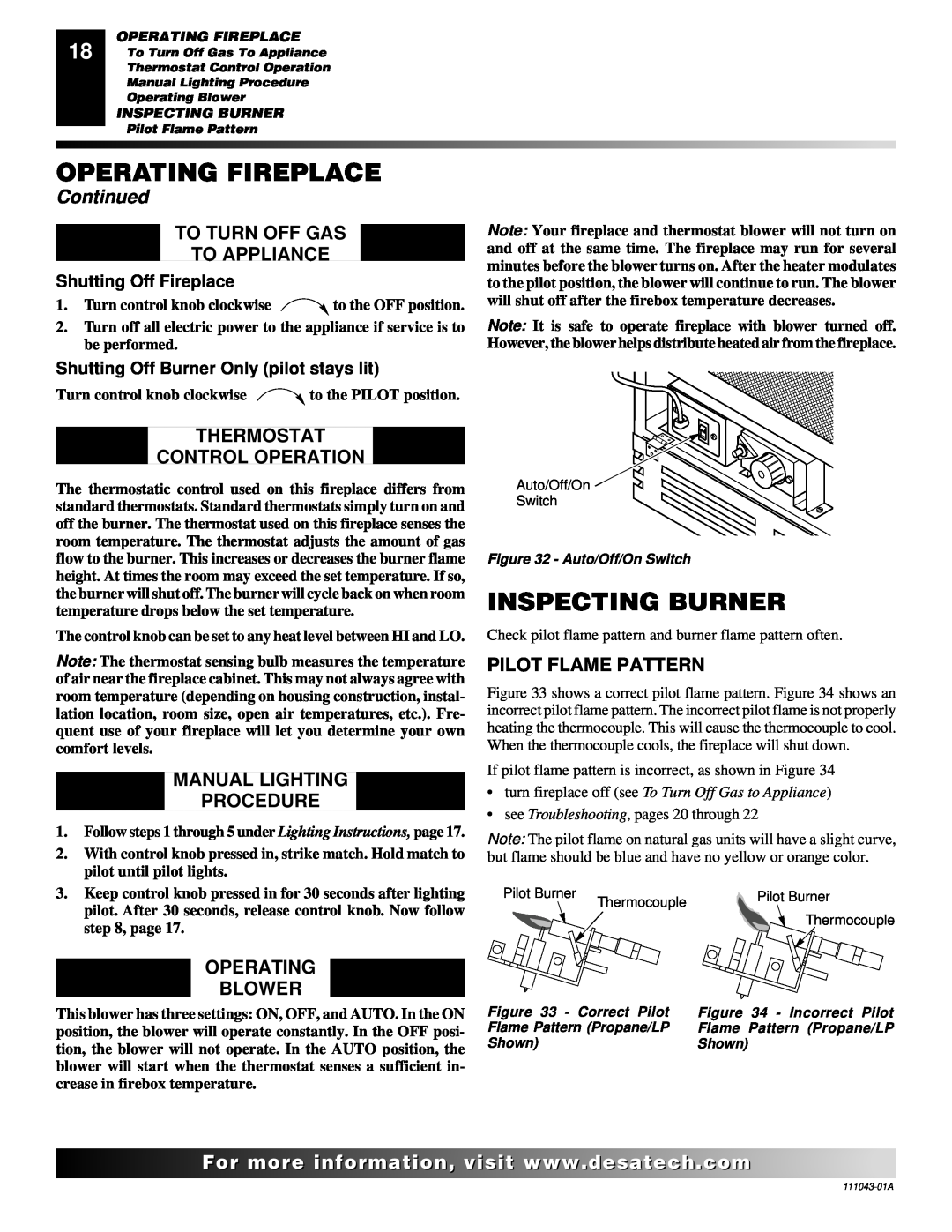 Vanguard Heating WMH26TNB installation manual Inspecting Burner, Operating Fireplace, Continued, Shutting Off Fireplace 