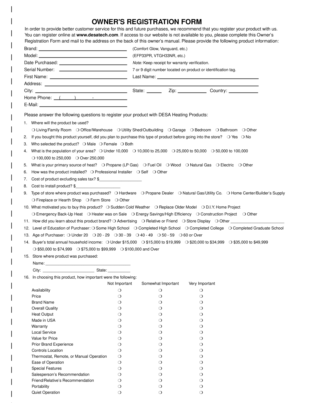 Vanguard Heating WMH26TNB installation manual Owners Registration Form 