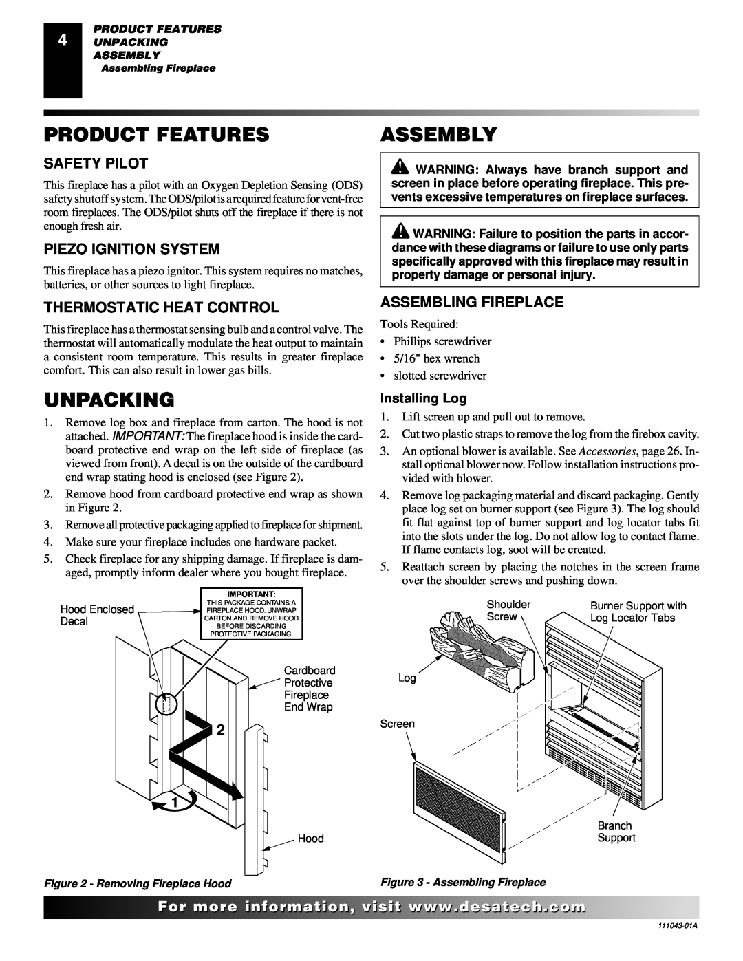 Vanguard Heating WMH26TNB installation manual Product Features, Assembly, Unpacking, Installing Log 