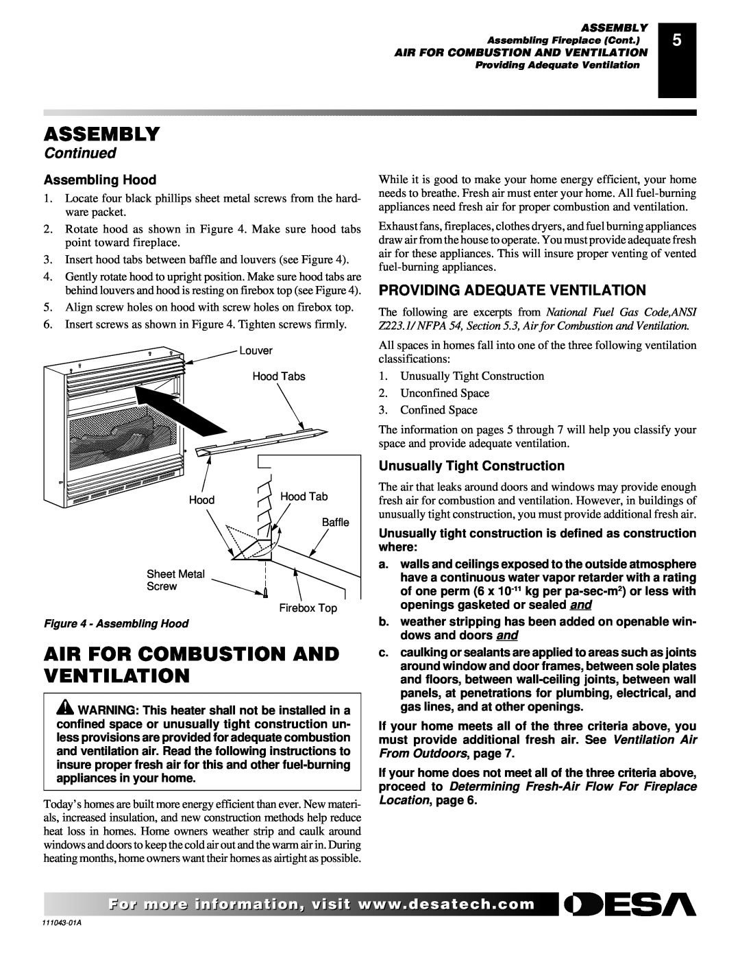 Vanguard Heating WMH26TNB installation manual Air For Combustion And Ventilation, Assembly, Continued, Assembling Hood 