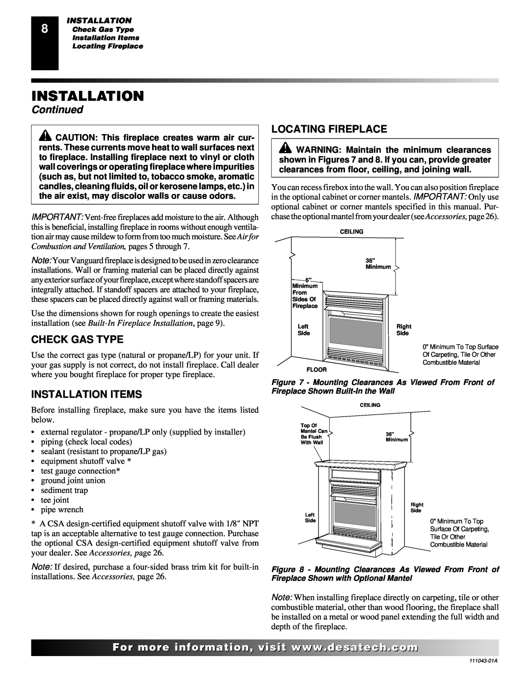 Vanguard Heating WMH26TNB installation manual Continued, Check Gas Type, Installation Items, Locating Fireplace 