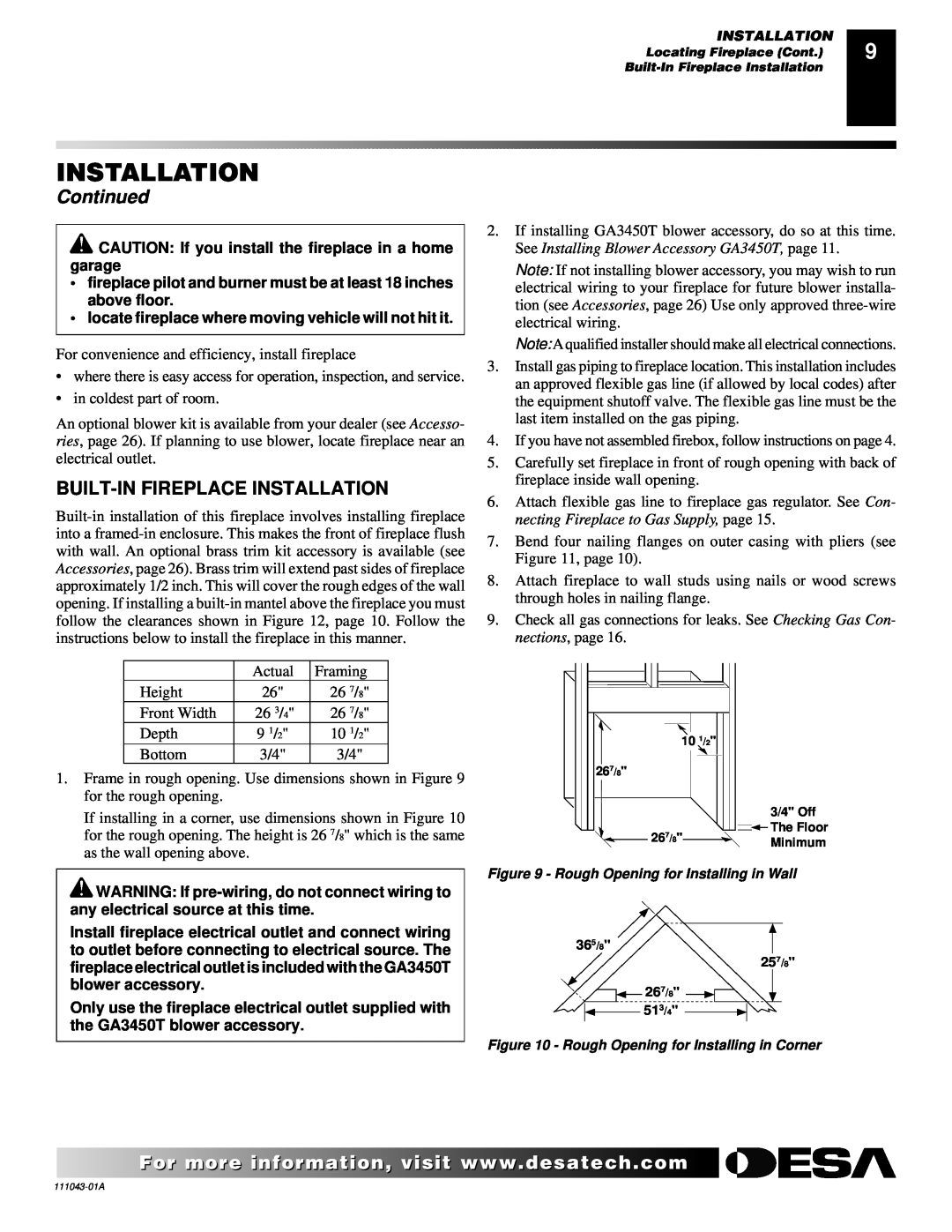 Vanguard Heating WMH26TNB installation manual Continued, Built-Infireplace Installation 