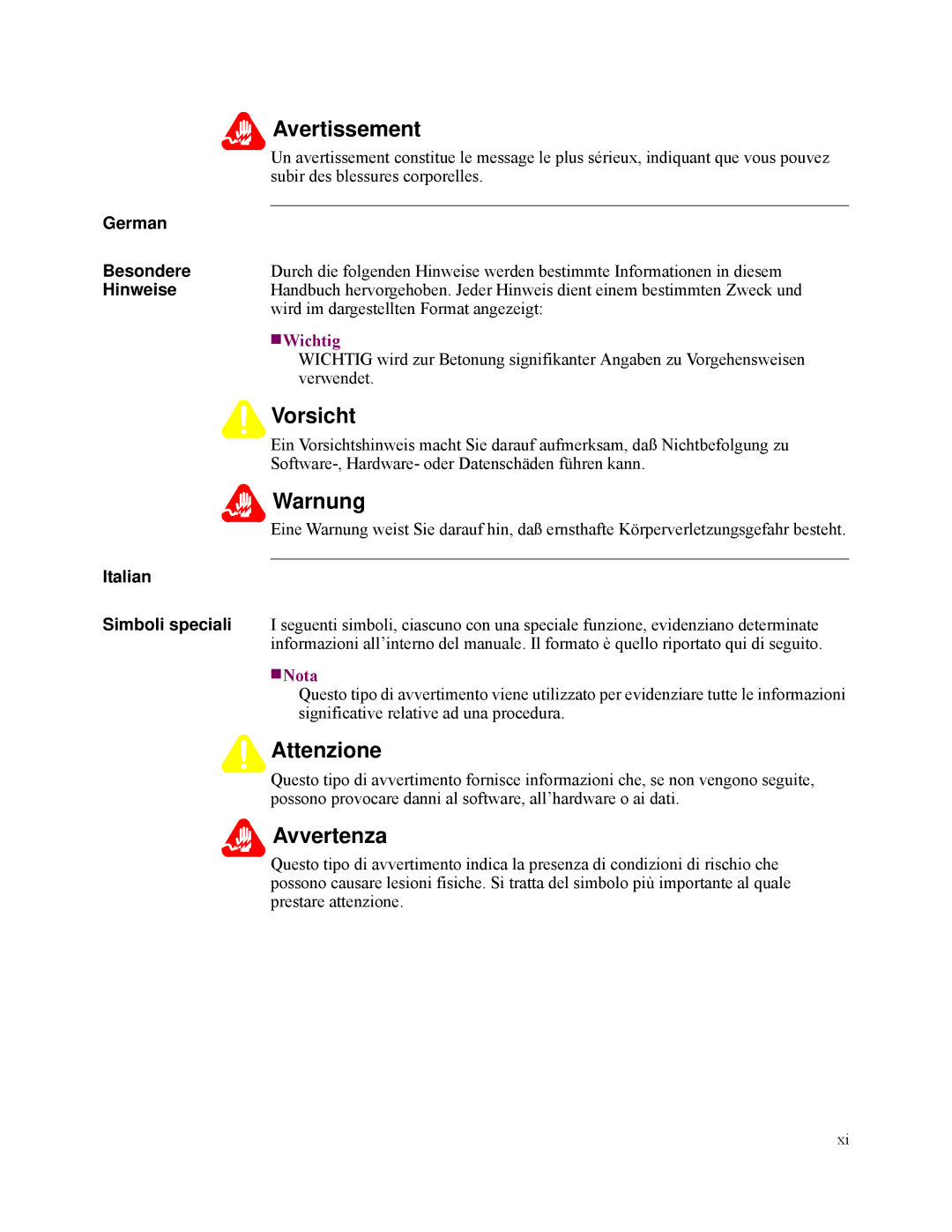 Vanguard Managed Solutions 3400 Series manual German Besondere, Hinweise, Italian, Simboli speciali 