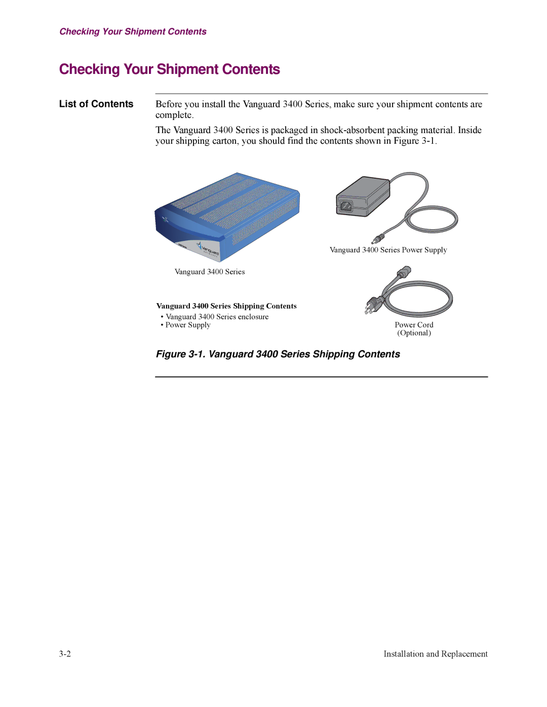 Vanguard Managed Solutions 3400 Series manual Checking Your Shipment Contents 