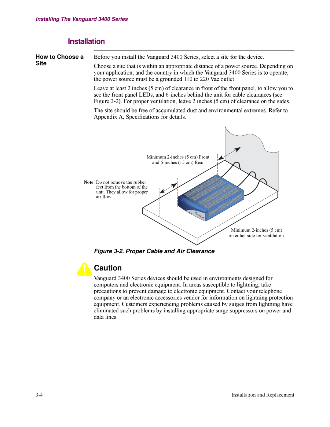 Vanguard Managed Solutions 3400 Series manual How to Choose a Site, Proper Cable and Air Clearance 