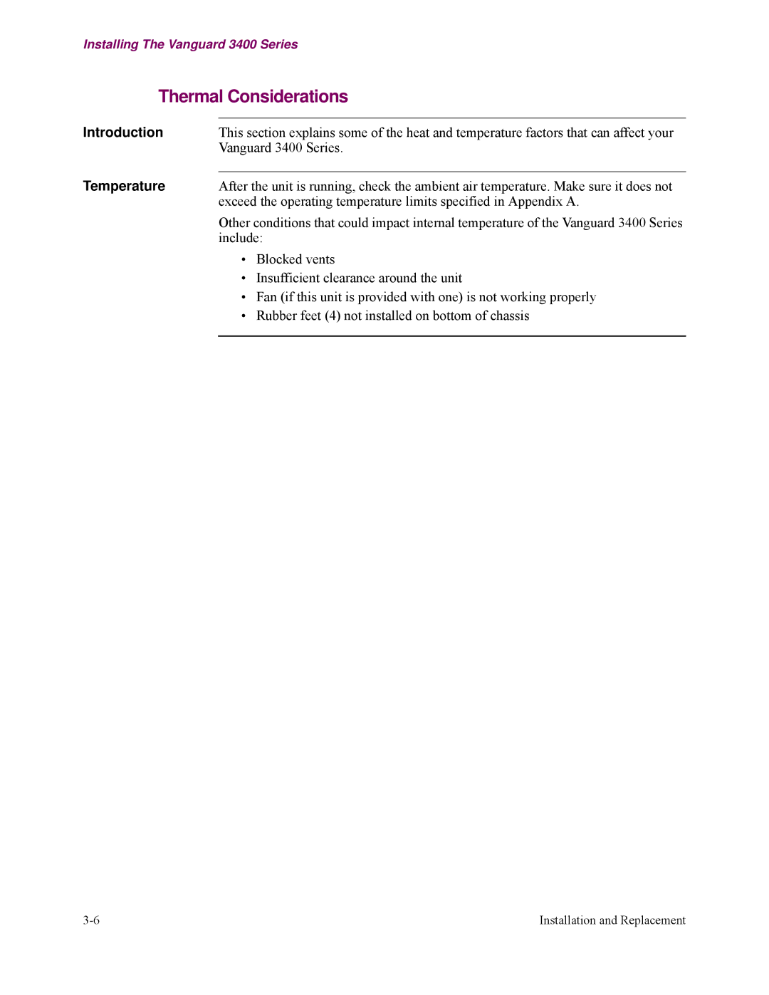 Vanguard Managed Solutions 3400 Series manual Thermal Considerations, Temperature 