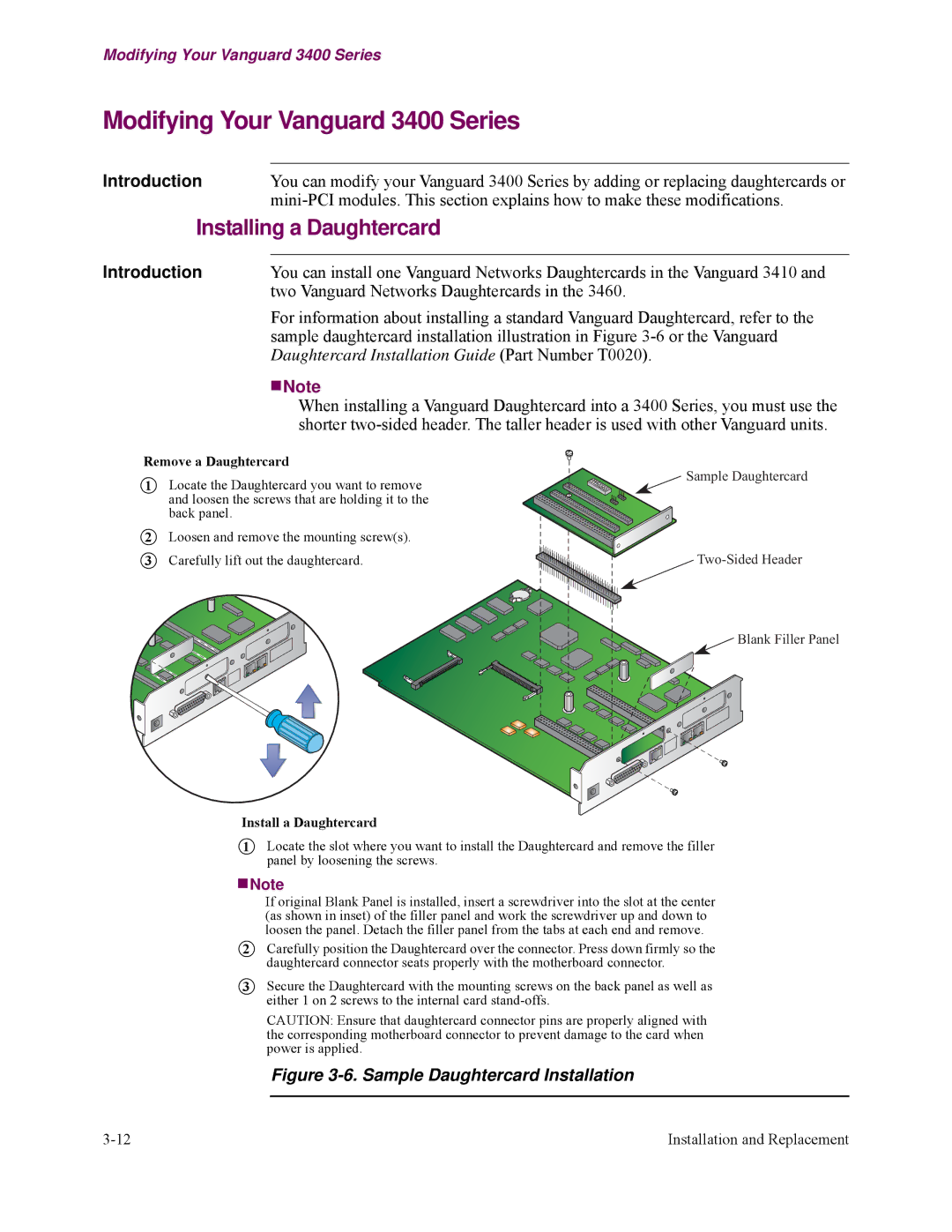 Vanguard Managed Solutions manual Modifying Your Vanguard 3400 Series, Sample Daughtercard Installation 