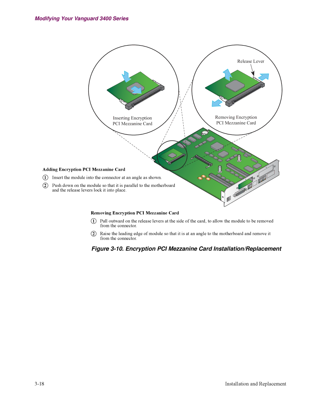 Vanguard Managed Solutions 3400 Series manual Encryption PCI Mezzanine Card Installation/Replacement 