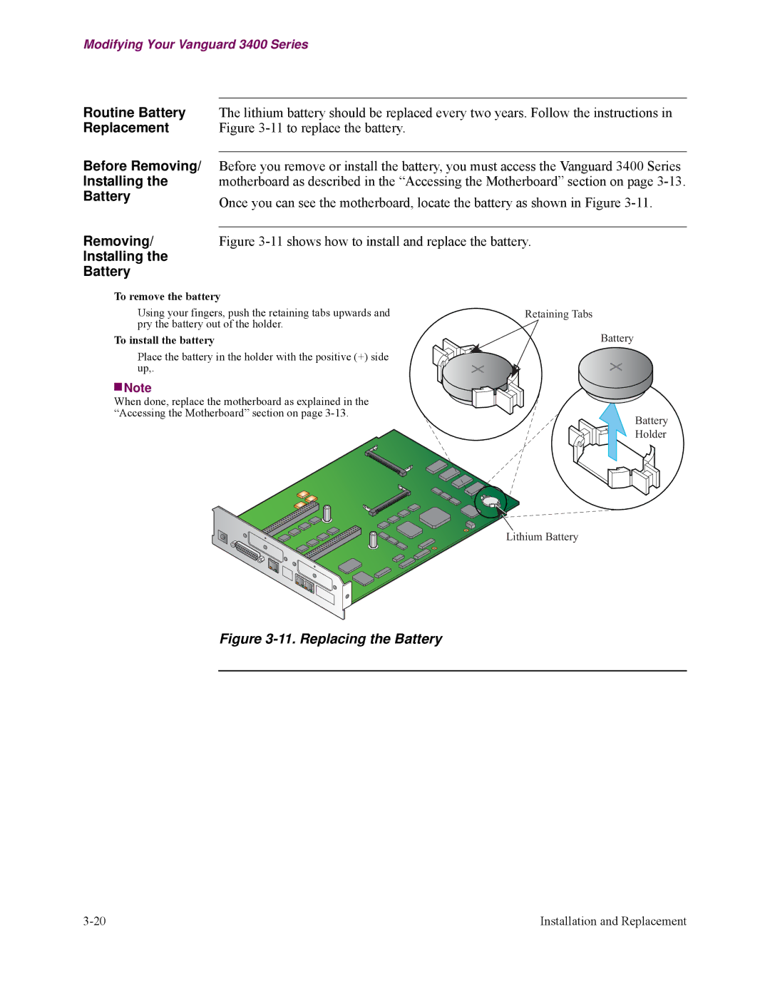 Vanguard Managed Solutions 3400 Series manual Routine Battery, Replacement, Before Removing, Installing Battery 