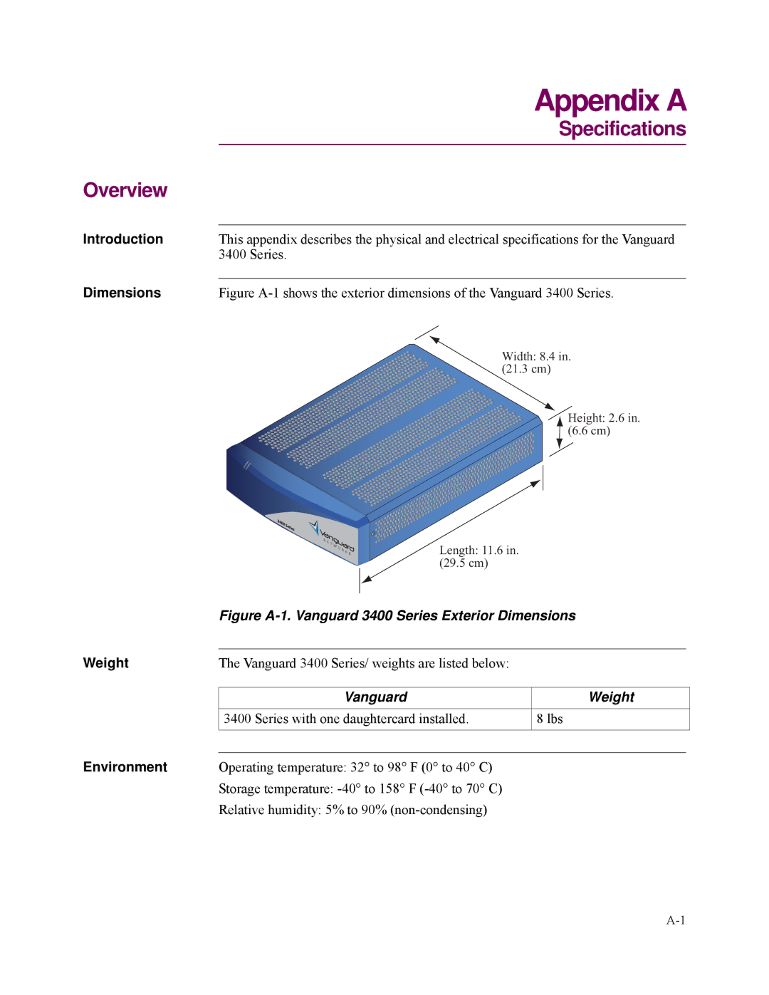 Vanguard Managed Solutions 3400 Series manual Dimensions, Vanguard Weight, Environment 