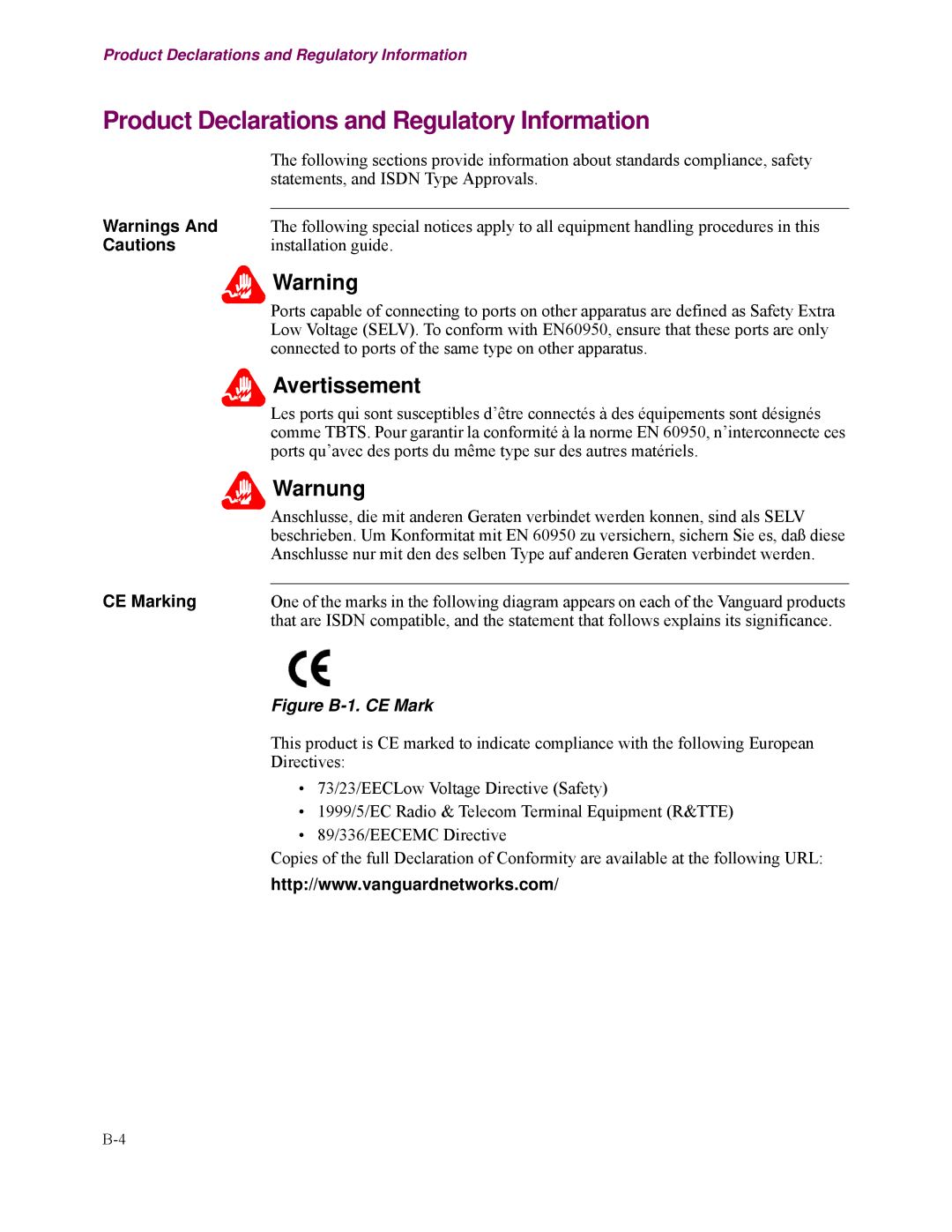 Vanguard Managed Solutions 3400 Series manual Product Declarations and Regulatory Information, CE Marking 