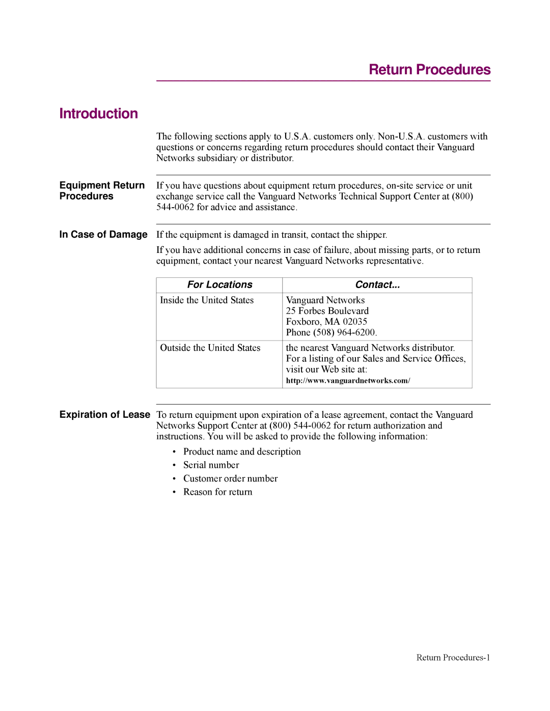 Vanguard Managed Solutions 3400 Series manual Return Procedures Introduction, For Locations Contact 