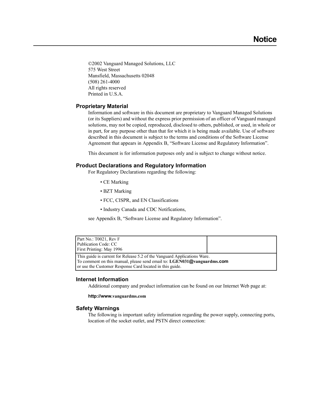 Vanguard Managed Solutions 650 Proprietary Material, Product Declarations and Regulatory Information, Internet Information 