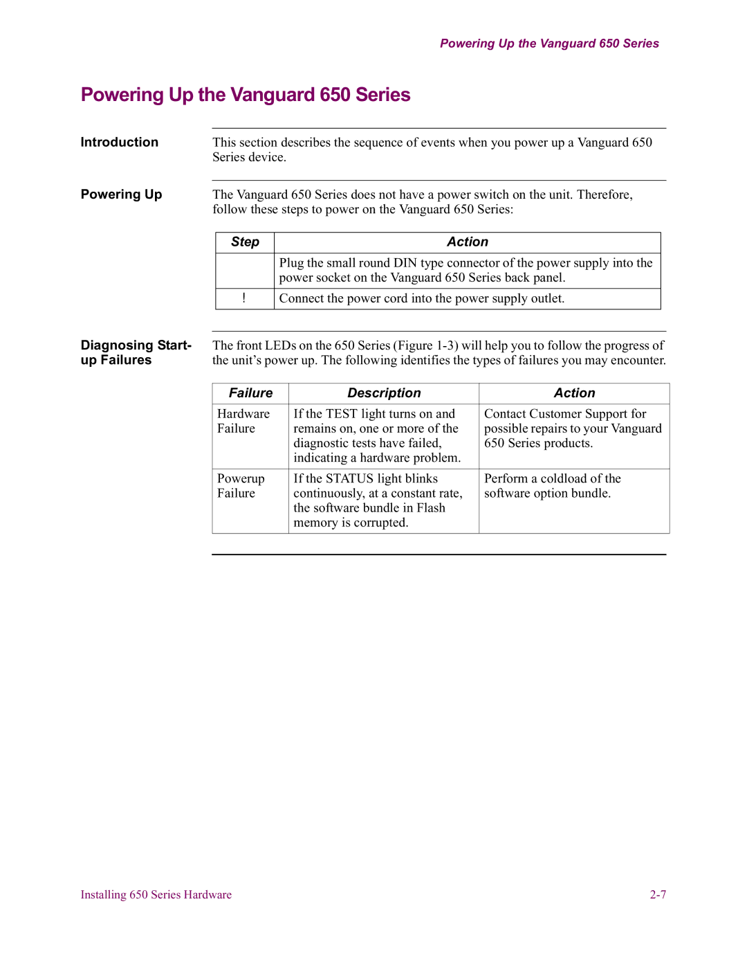 Vanguard Managed Solutions installation manual Powering Up the Vanguard 650 Series, Diagnosing Start, Up Failures 