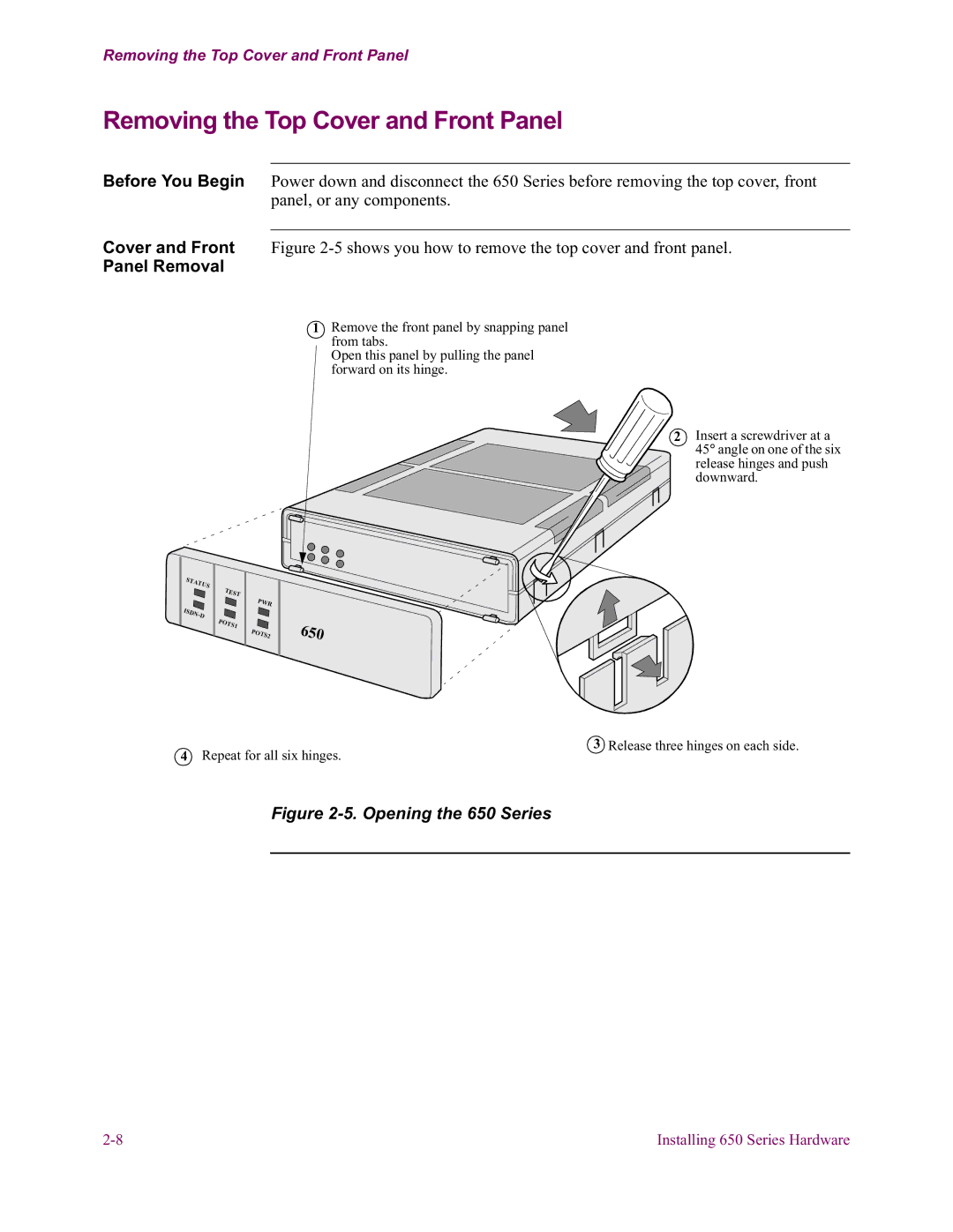 Vanguard Managed Solutions 650 installation manual Removing the Top Cover and Front Panel, Panel Removal 