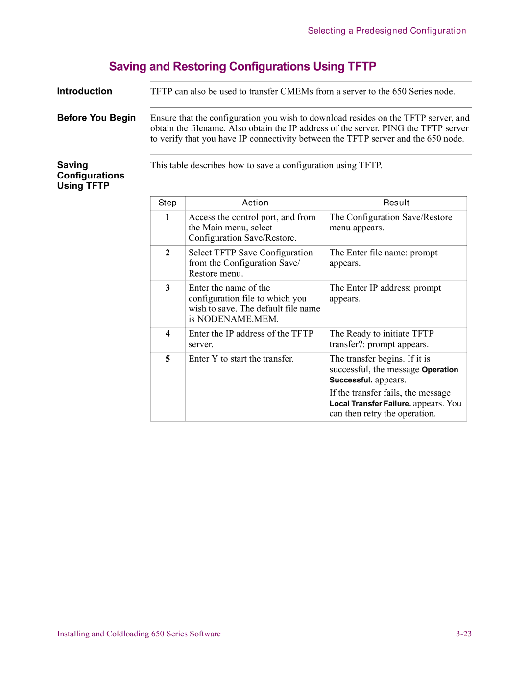 Vanguard Managed Solutions 650 installation manual Saving and Restoring Configurations Using Tftp 