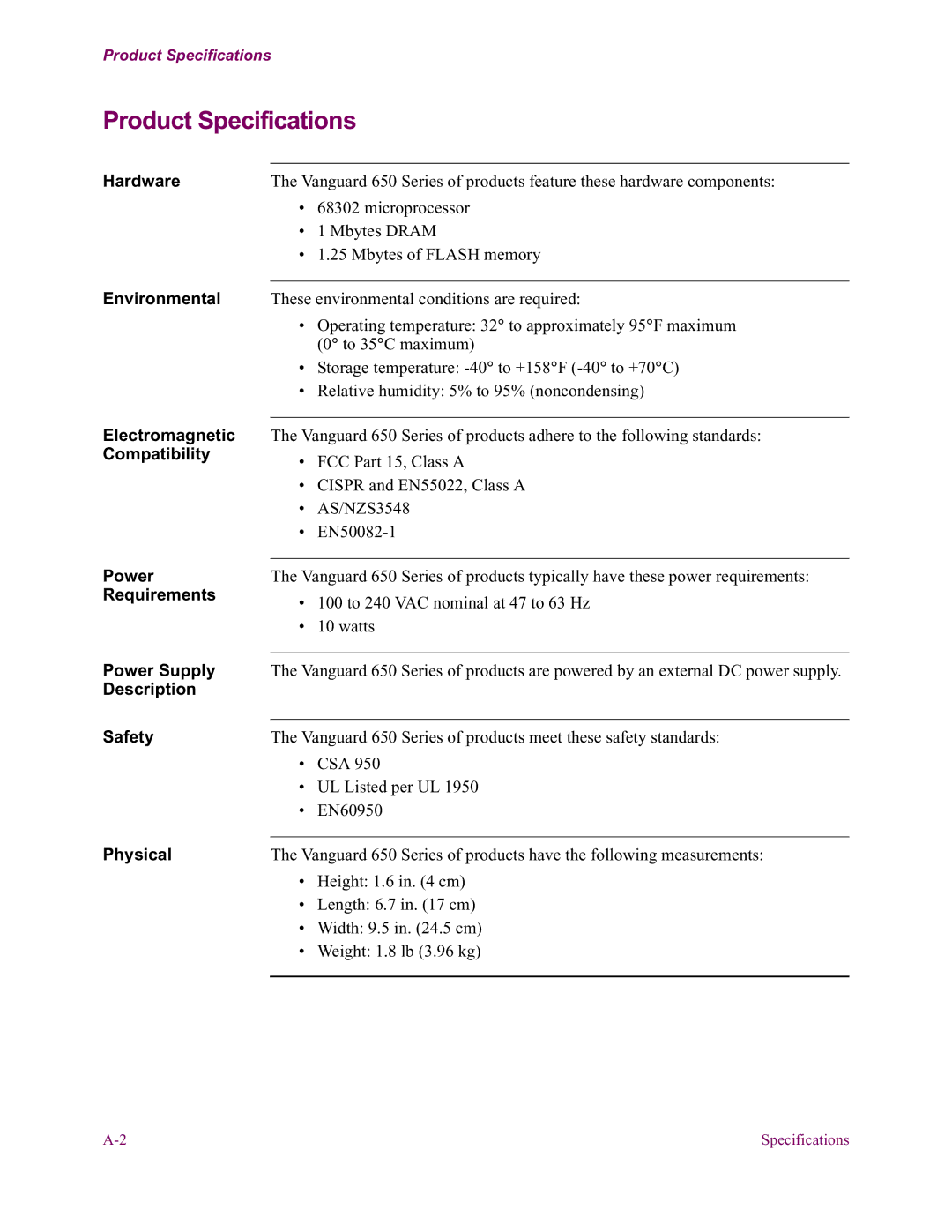 Vanguard Managed Solutions 650 installation manual Product Specifications 