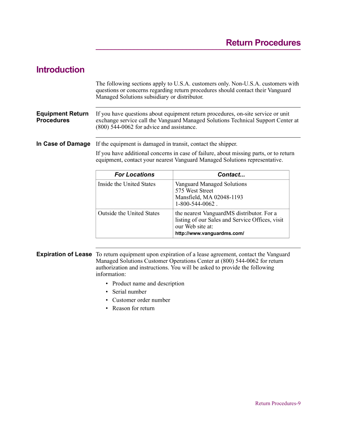 Vanguard Managed Solutions 650 installation manual Return Procedures Introduction, For Locations Contact 