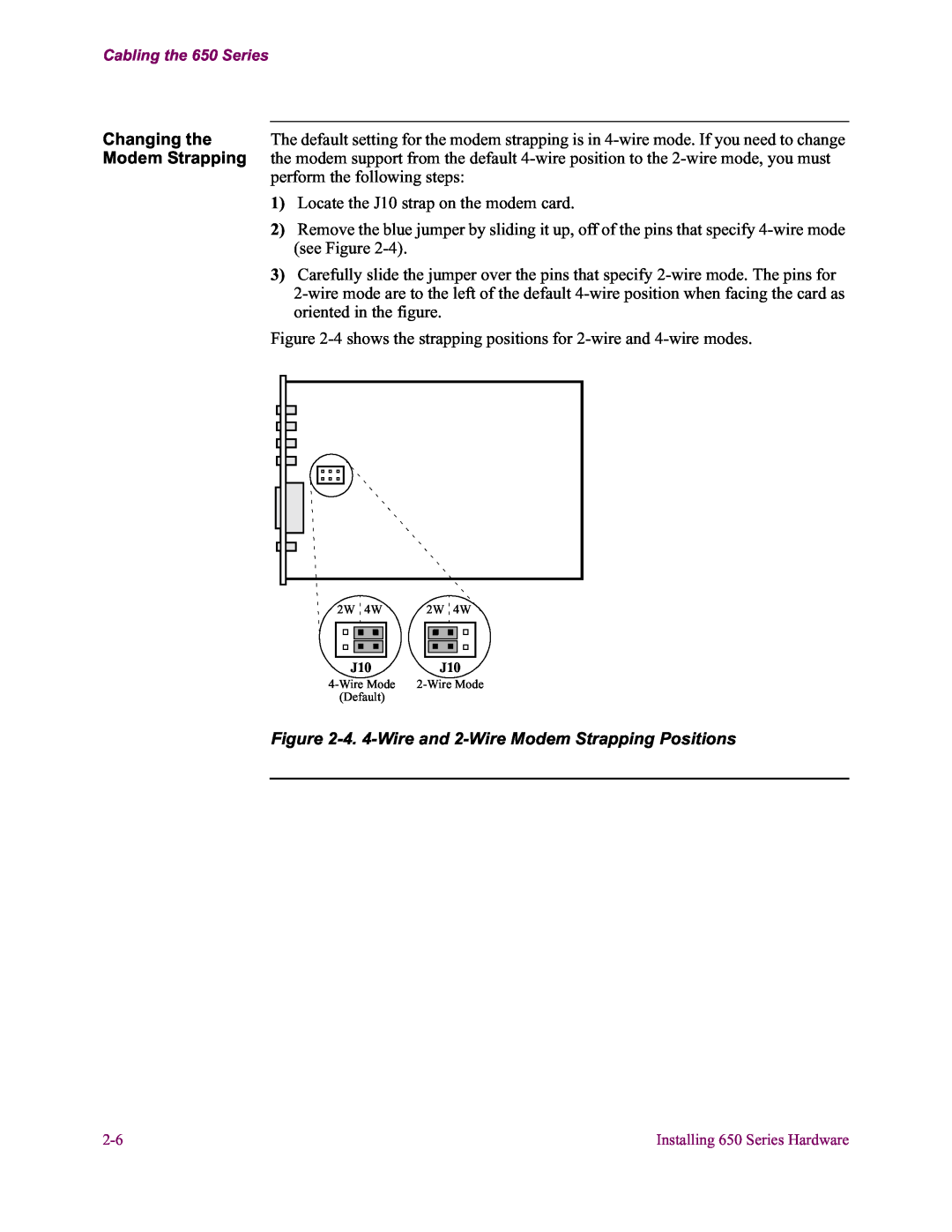 Vanguard Managed Solutions 650 installation manual Changing the, 4. 4-Wire and 2-Wire Modem Strapping Positions 