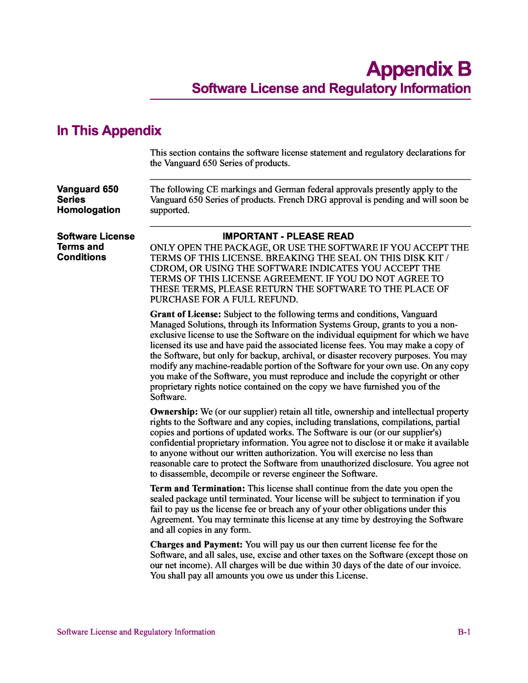 Vanguard Managed Solutions 650 Appendix B, Software License and Regulatory Information In This Appendix, Vanguard, Series 