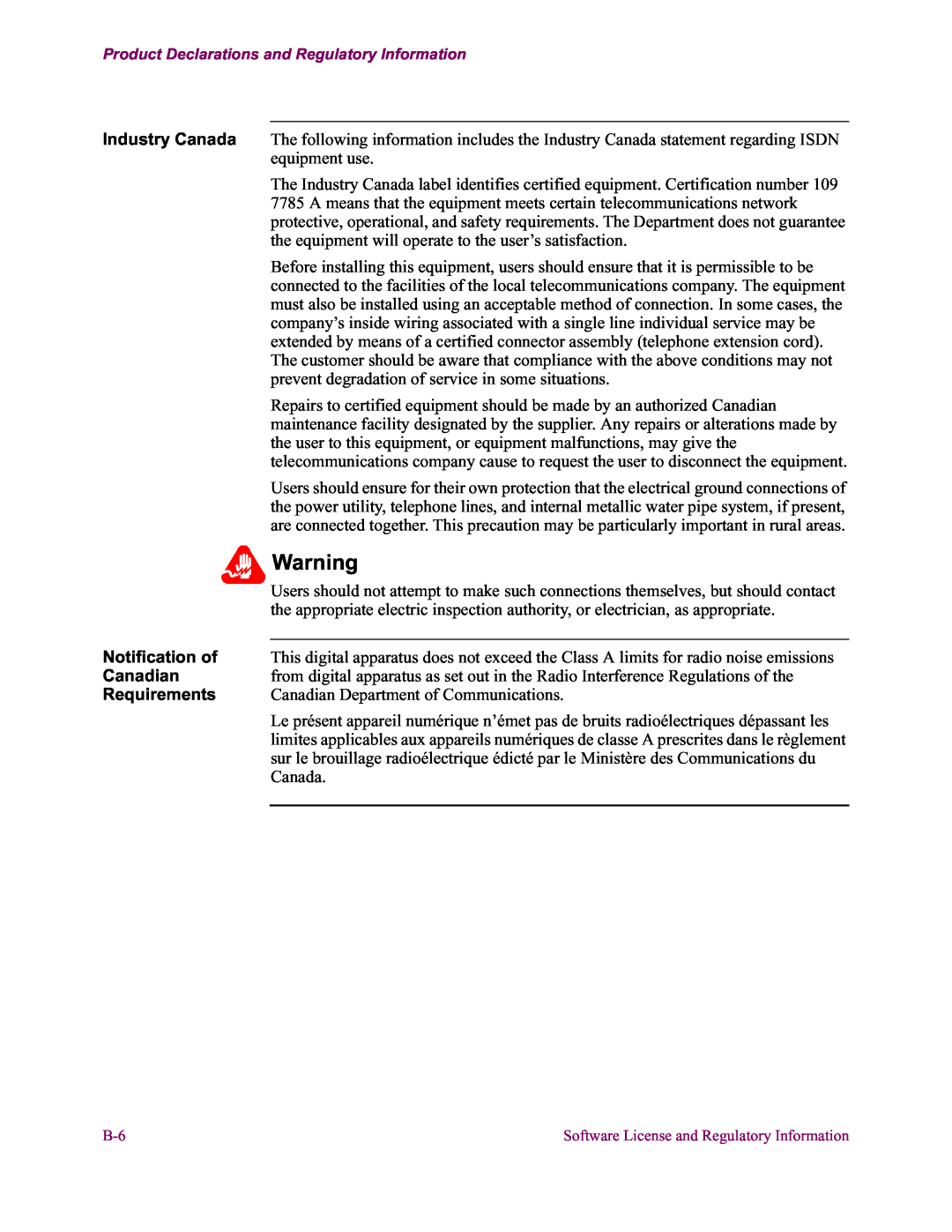 Vanguard Managed Solutions 650 installation manual Requirements Canadian Department of Communications 