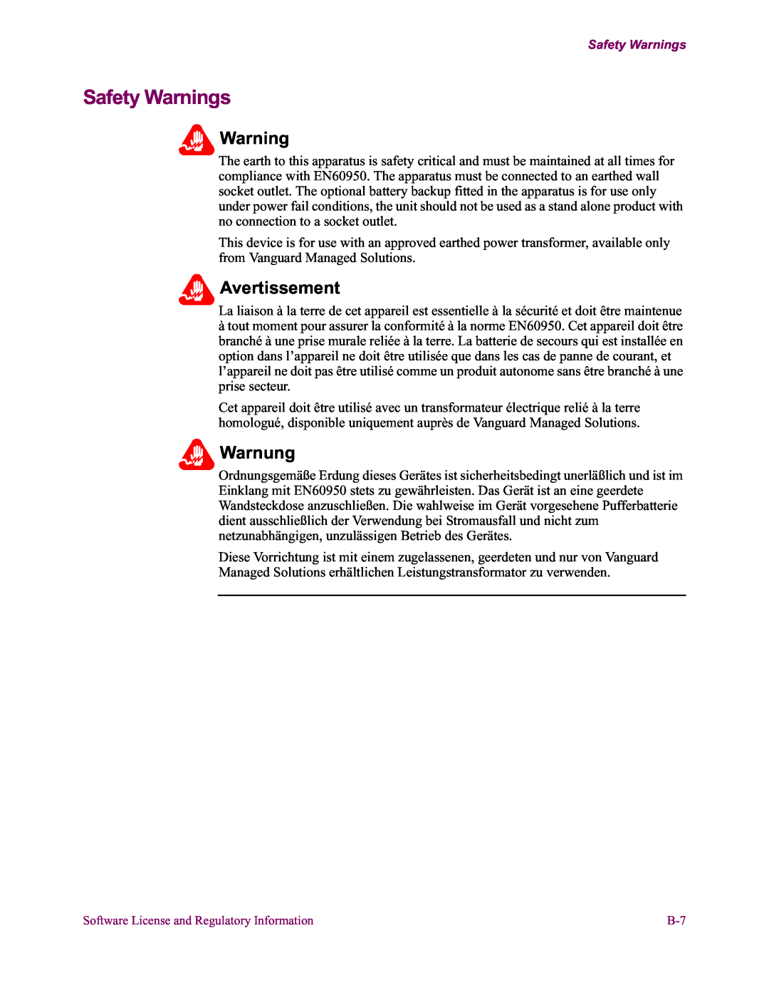 Vanguard Managed Solutions 650 installation manual Safety Warnings, Avertissement, Warnung 
