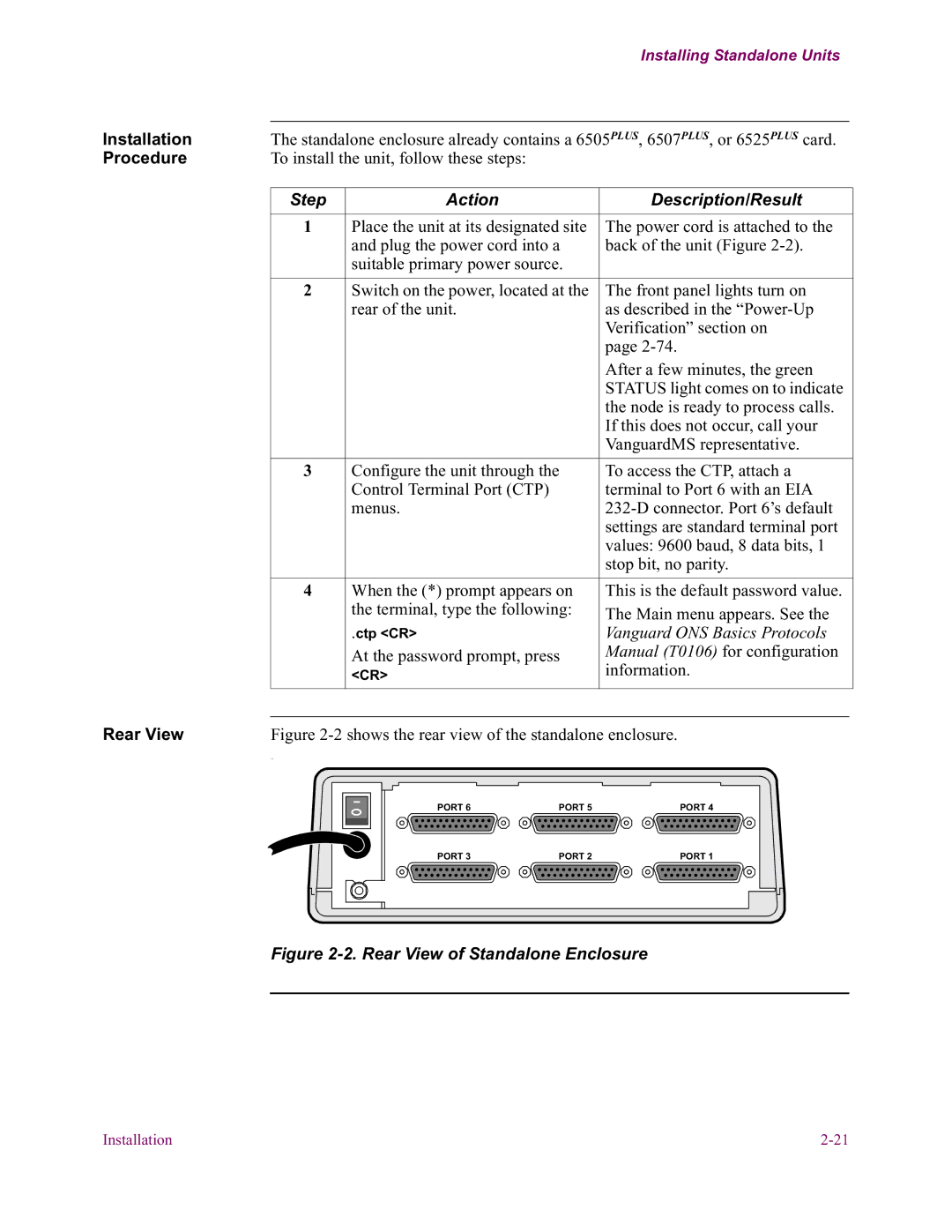 Vanguard Managed Solutions 6500 PLUS installation manual Installation, Procedure, Step Action Description/Result, Rear View 