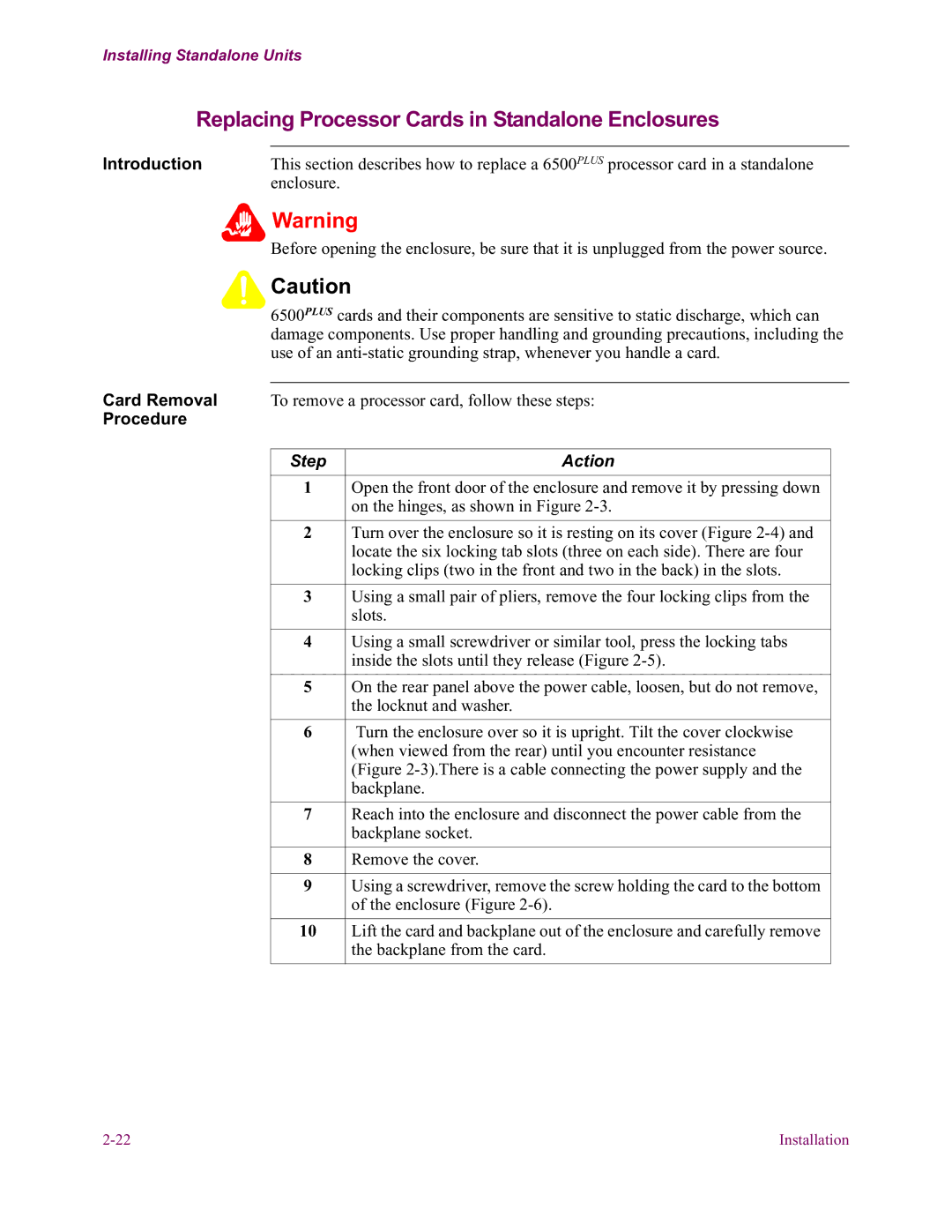 Vanguard Managed Solutions 6500 PLUS installation manual Replacing Processor Cards in Standalone Enclosures, Step Action 
