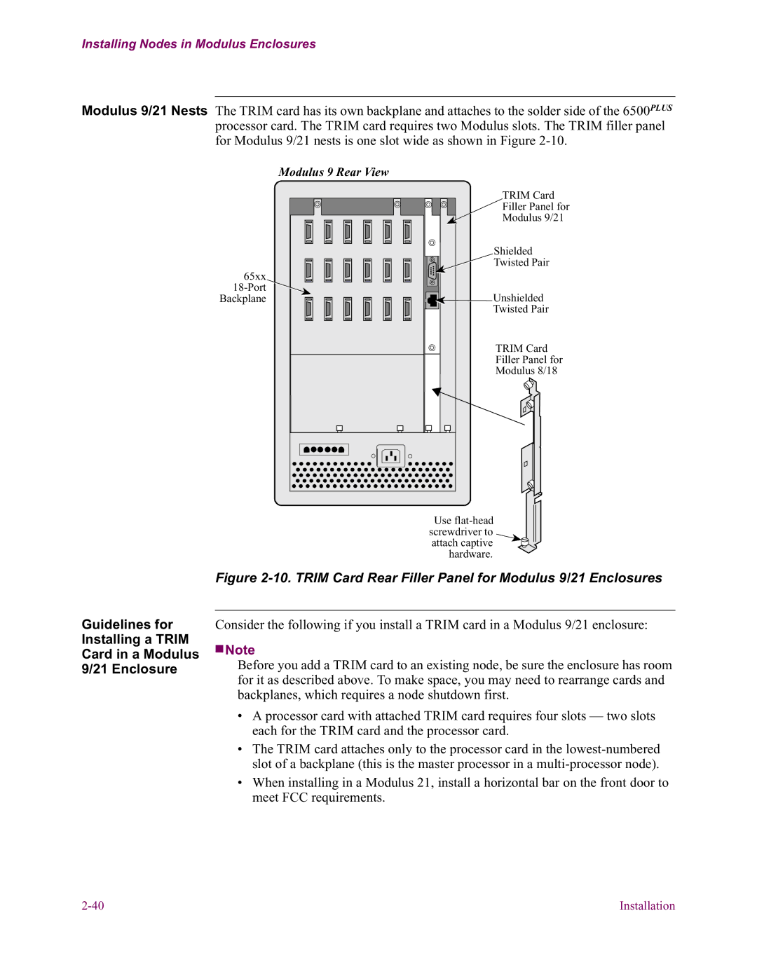 Vanguard Managed Solutions 6500 PLUS installation manual Trim Card Rear Filler Panel for Modulus 9/21 Enclosures 