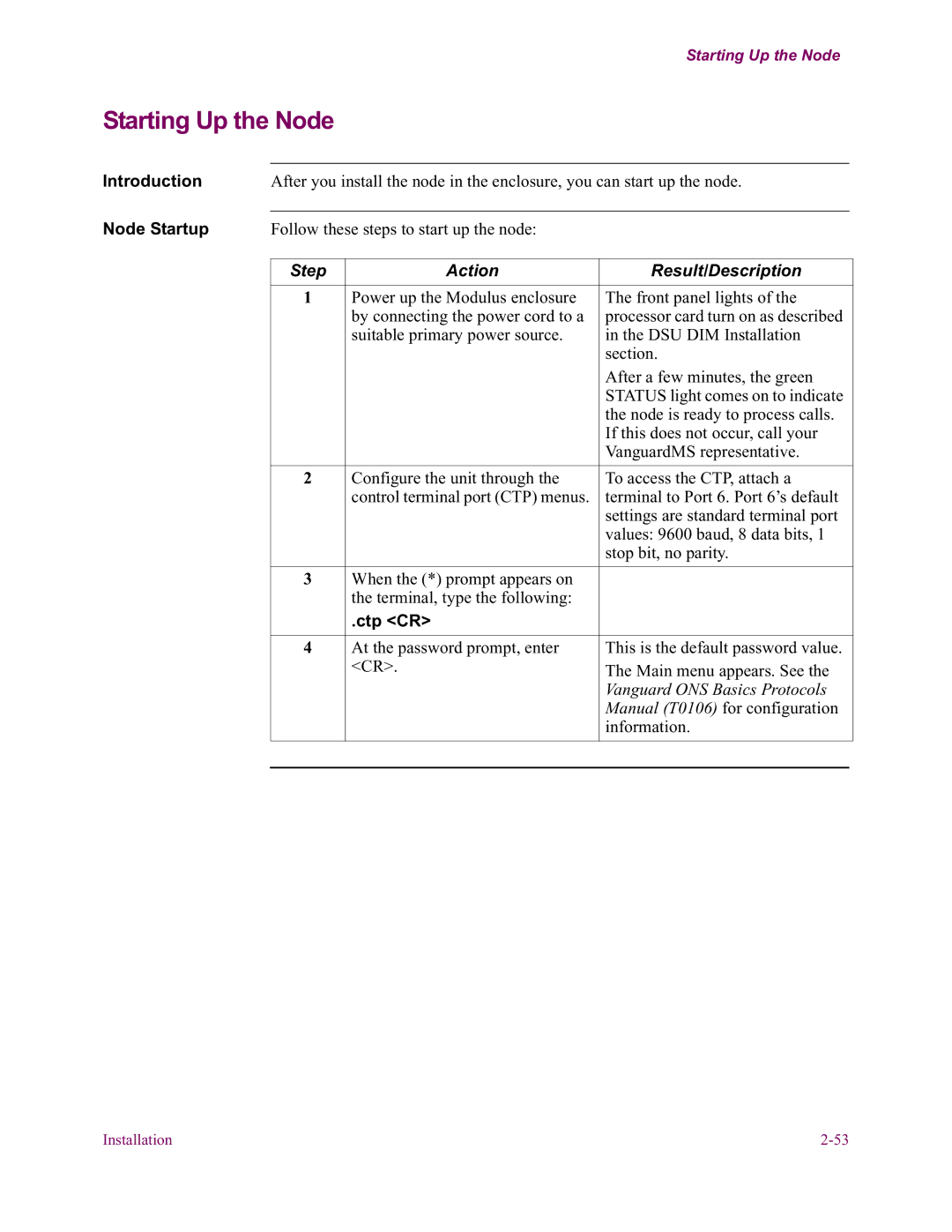 Vanguard Managed Solutions 6500 PLUS installation manual Starting Up the Node, Node Startup, Ctp CR 
