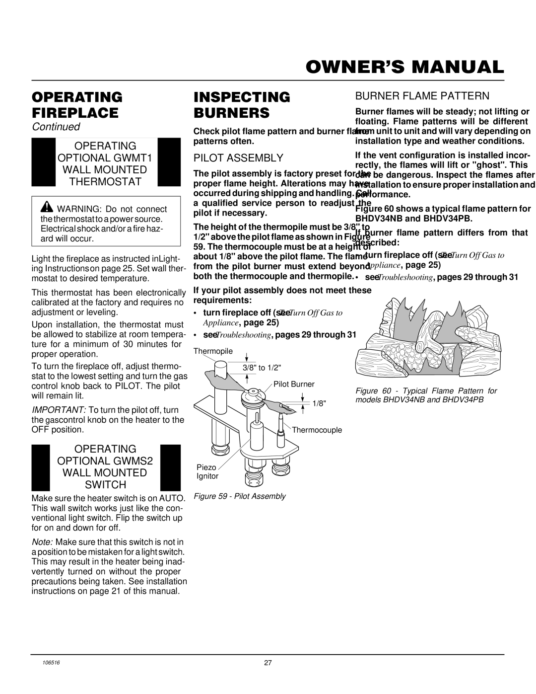 Vanguard Managed Solutions BHDV34PB Inspecting Burners, Operating Optional GWMT1 Wall Mounted Thermostat, Pilot Assembly 