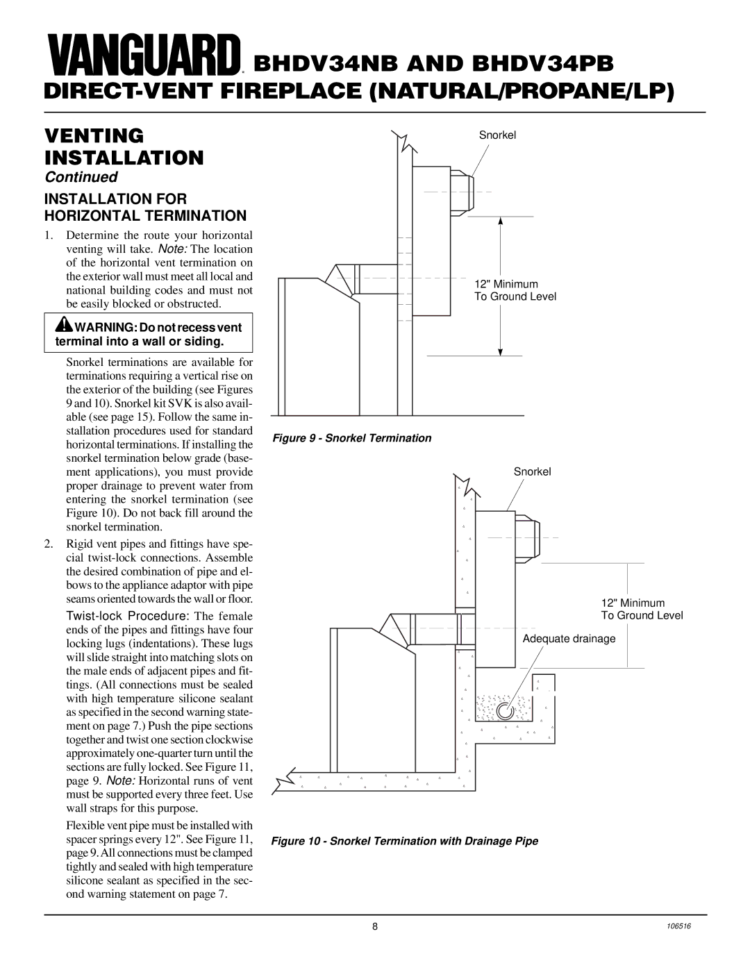 Vanguard Managed Solutions BHDV34PB installation manual Installation for Horizontal Termination, Snorkel Termination 