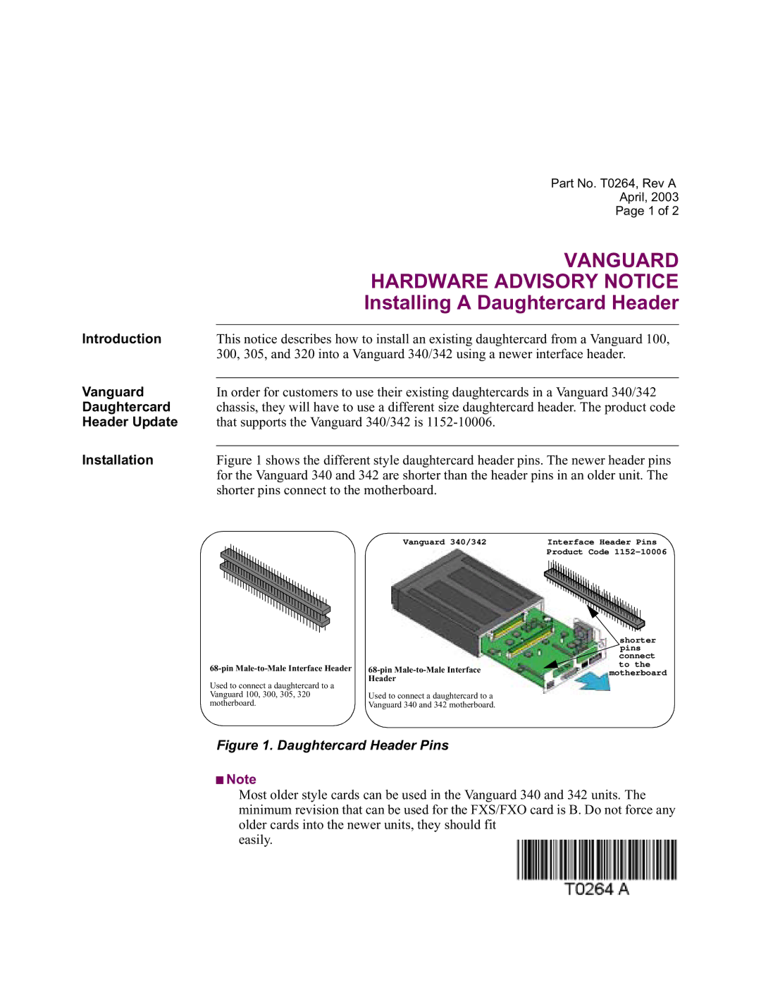 Vanguard Managed Solutions manual Vanguard, Hardware Advisory Notice, Installing a Daughtercard Header 