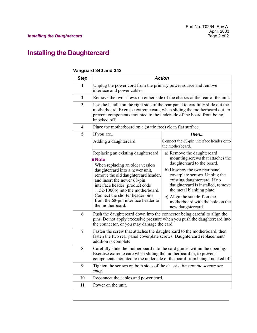 Vanguard Managed Solutions Daughtercard Header manual Installing the Daughtercard, Vanguard 340, Step Action 