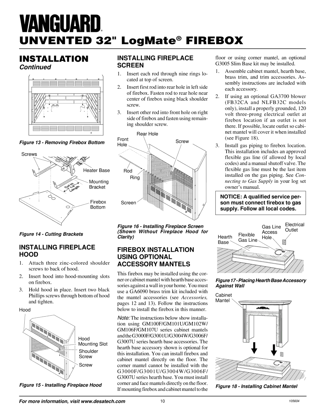 Vanguard Managed Solutions FB32NCA, NLFB32NC installation manual Installing Fireplace Screen, Installing Fireplace Hood 