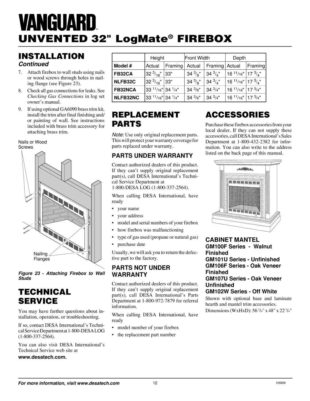 Vanguard Managed Solutions FB32NCA, NLFB32NC installation manual Technical Service, Replacement Parts, Accessories 