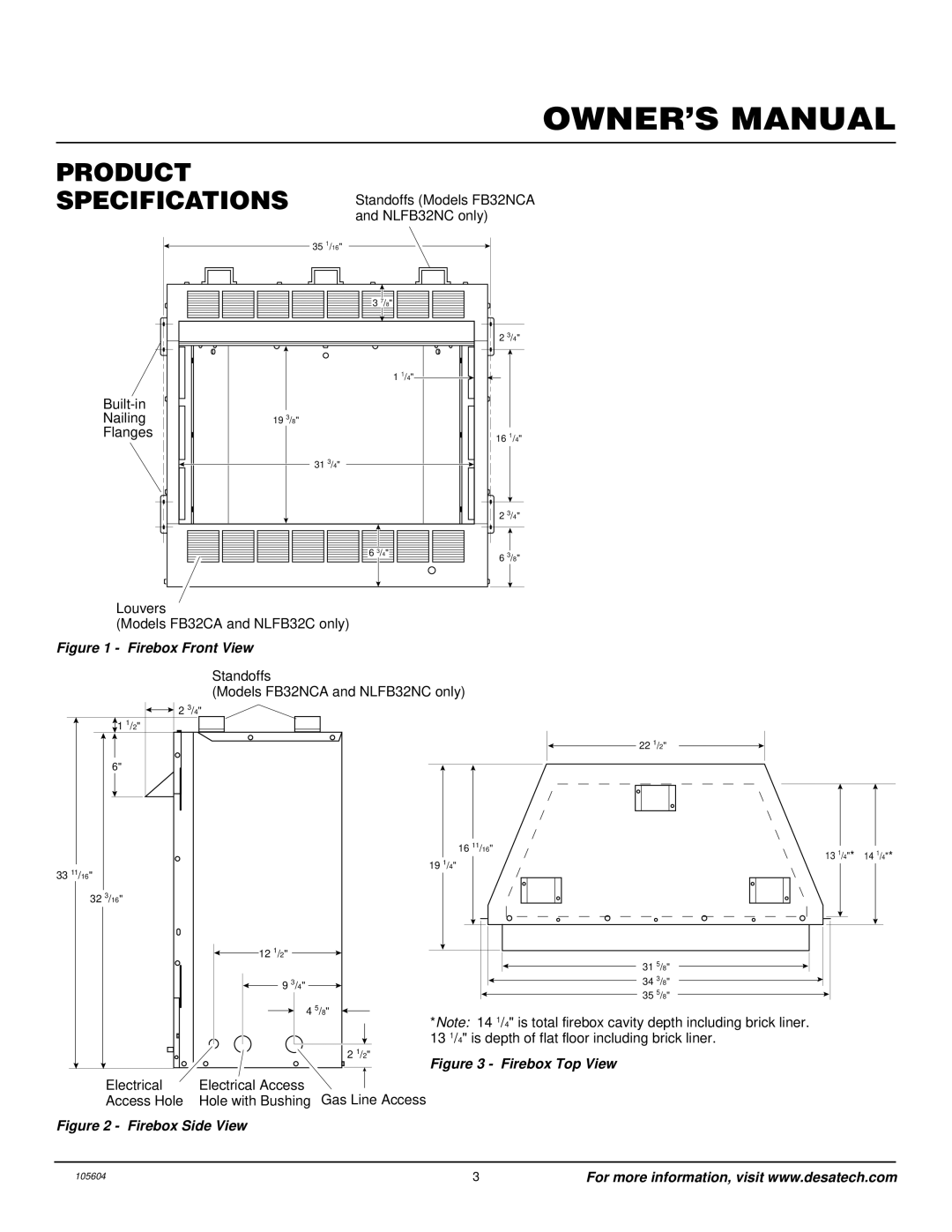 Vanguard Managed Solutions NLFB32NC, FB32NCA installation manual Product Specifications, Firebox Front View 