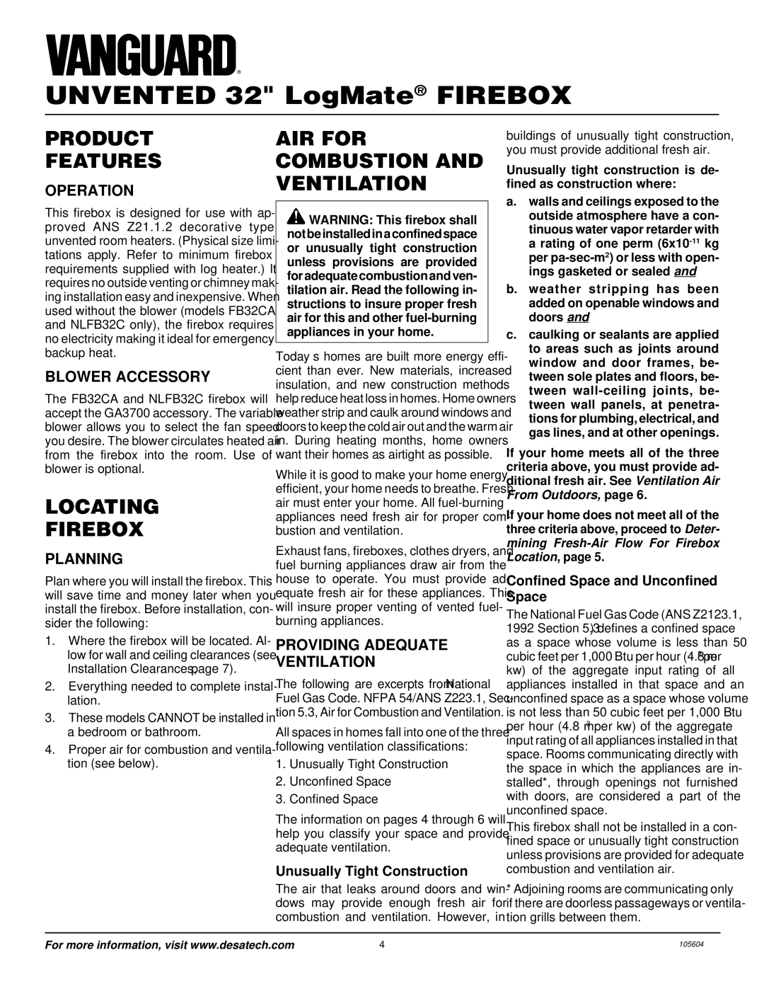 Vanguard Managed Solutions FB32NCA, NLFB32NC Product Features, Locating Firebox, AIR for Combustion and Ventilation 