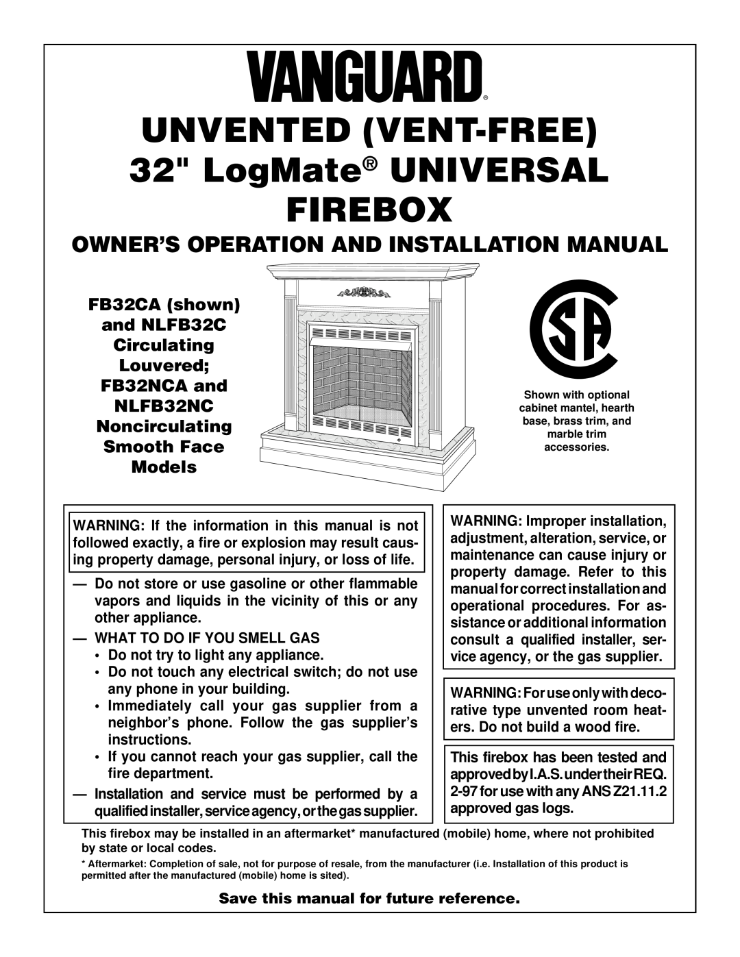 Vanguard Managed Solutions NLFB32NC installation manual Owner’S Operation And Installation Manual, ¢Qqqqqq,,,,,,¢¢¢¢¢ 