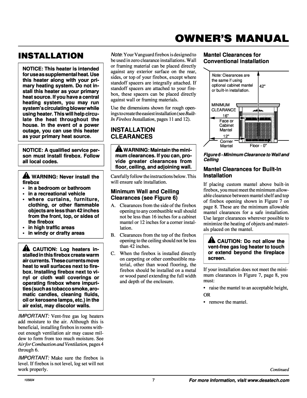 Vanguard Managed Solutions NLFB32NC, FB32NCA installation manual Installation Clearances 