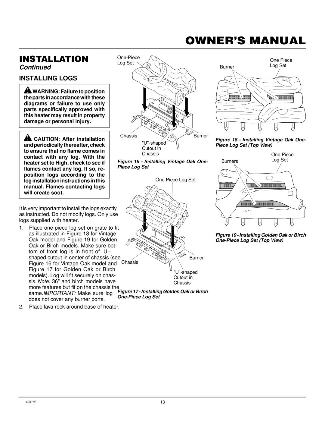 Vanguard Managed Solutions FLAME-MAX installation manual Installing Logs, Installing Vintage Oak One 