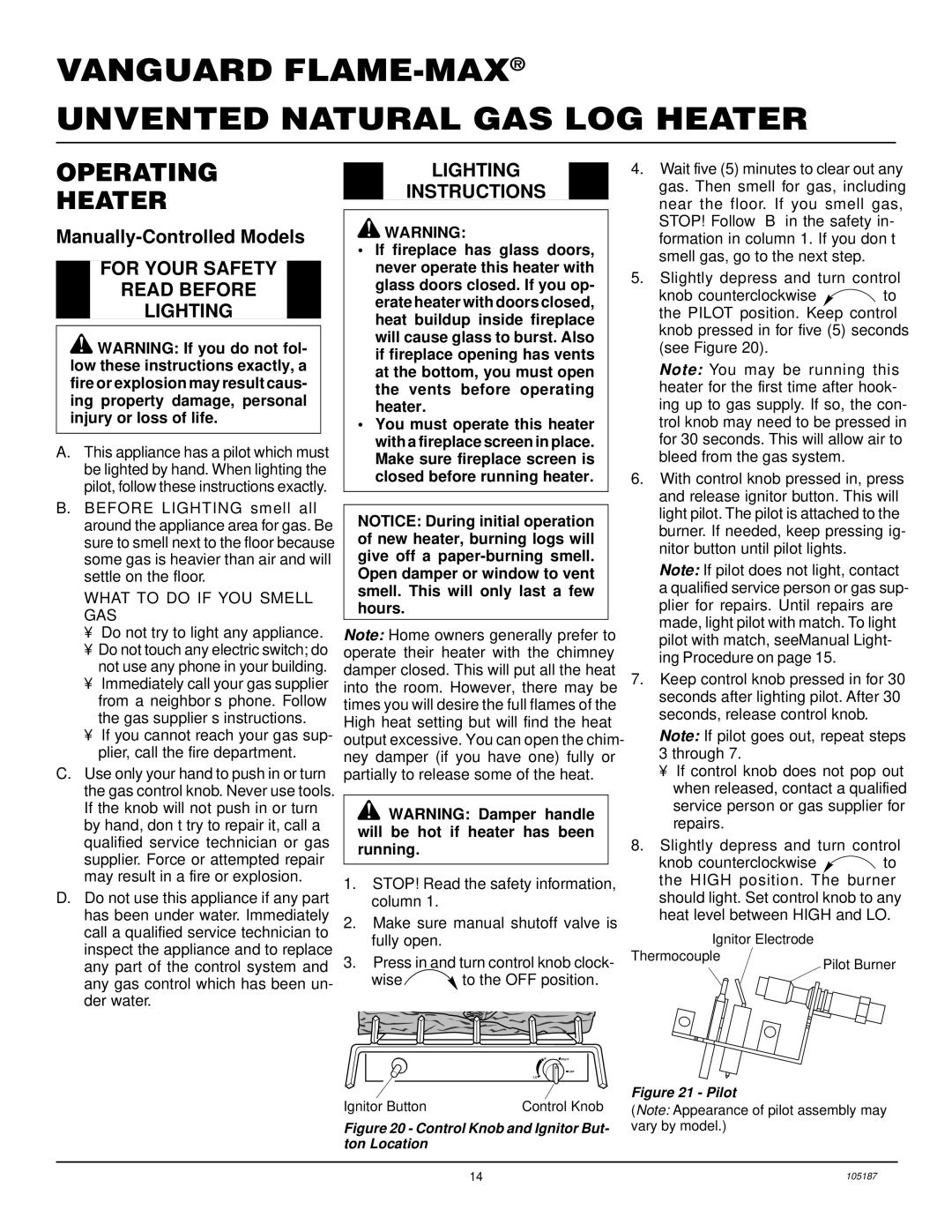 Vanguard Managed Solutions FLAME-MAX Operating Heater, For Your Safety Read Before Lighting, Lighting Instructions 