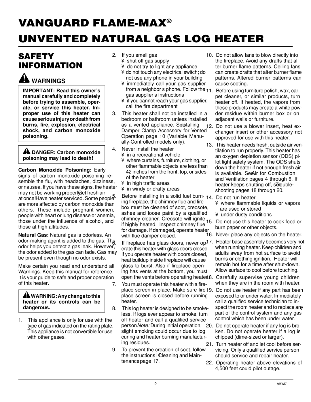 Vanguard Managed Solutions installation manual Vanguard FLAME-MAX Unvented Natural GAS LOG Heater, Safety Information 