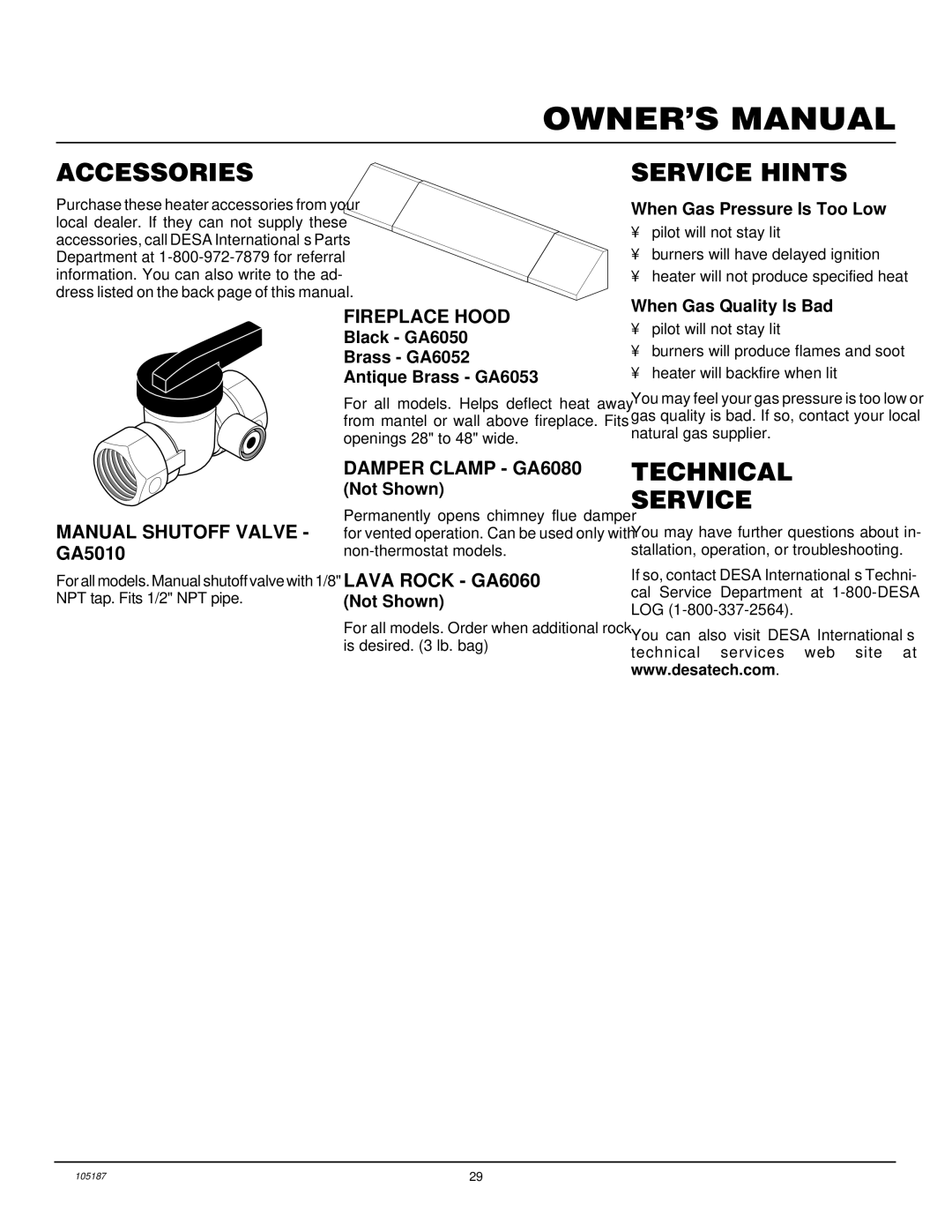 Vanguard Managed Solutions FLAME-MAX installation manual Accessories, Service Hints, Technical Service 