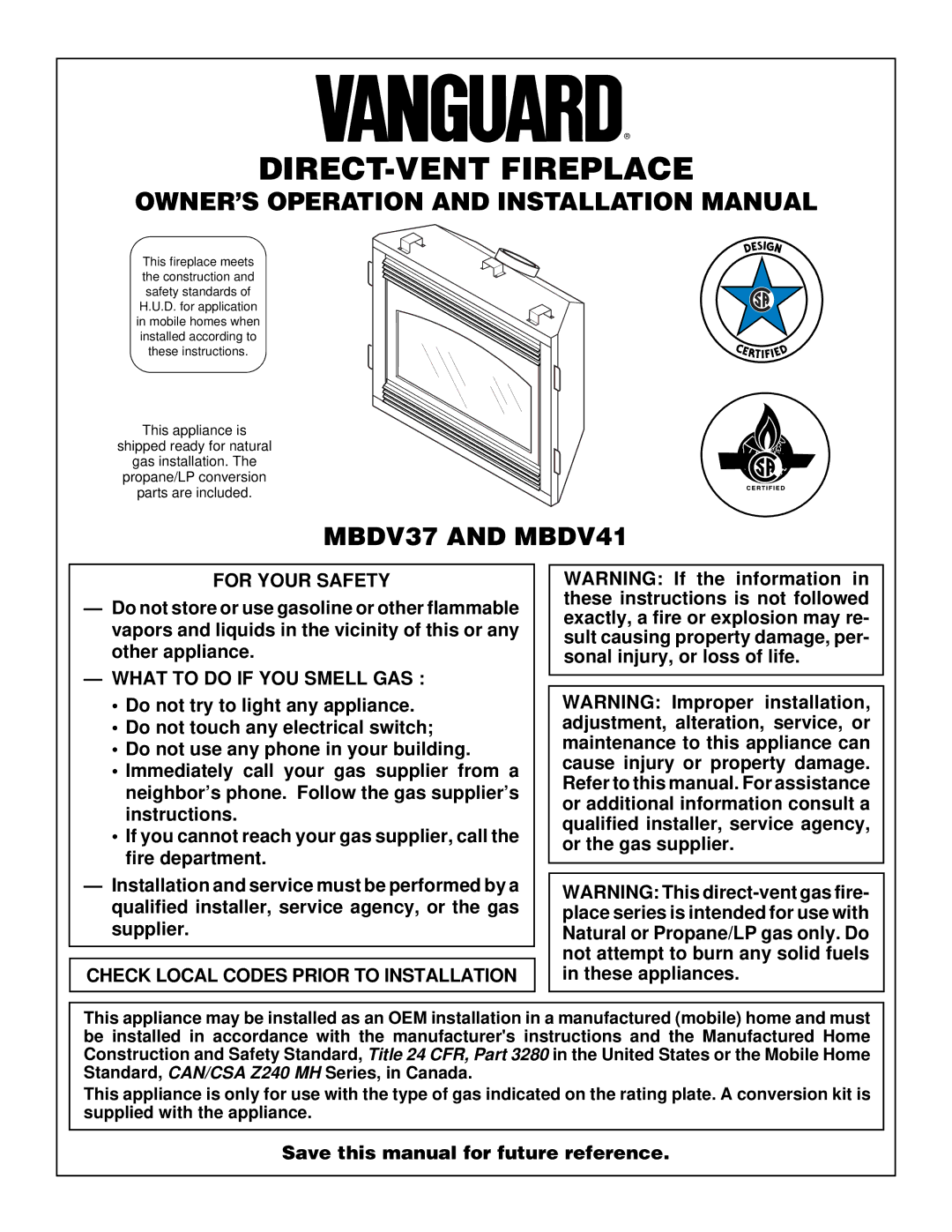 Vanguard Managed Solutions installation manual OWNER’S Operation and Installation Manual, MBDV37 and MBDV41 